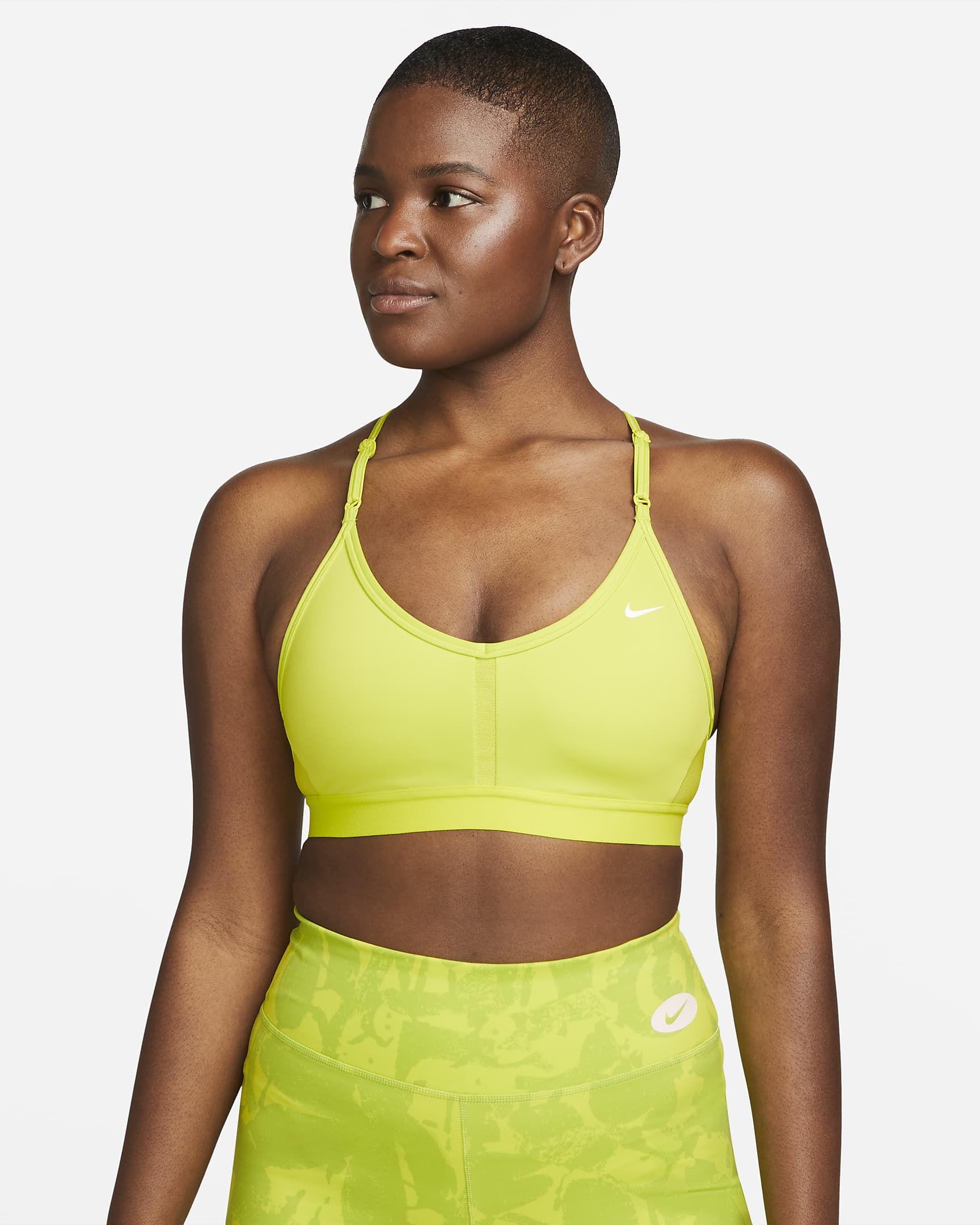 Nike Dri-FIT Indy Women\'s Light-Support Padded V-Neck Sports Bra Atomic Green/Atomic Green/Atomic Green/White