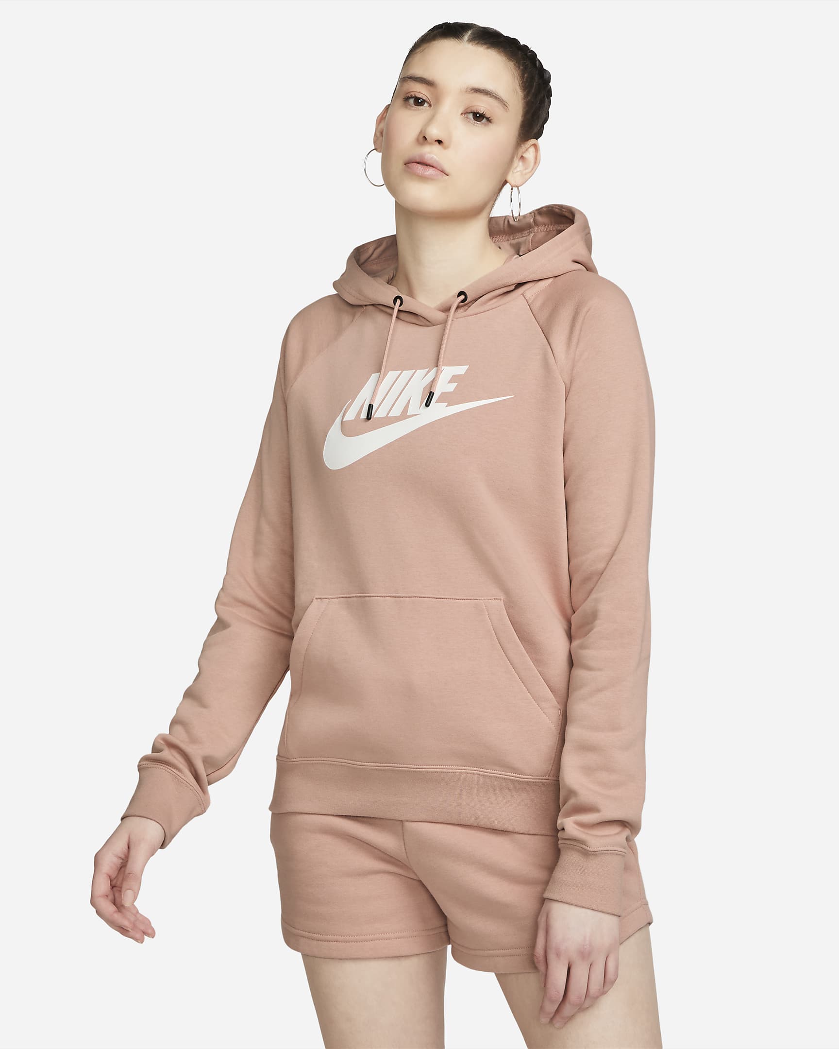 Nike Sportswear Essential Women\'s Fleece Pullover Hoodie Rose Whisper/White