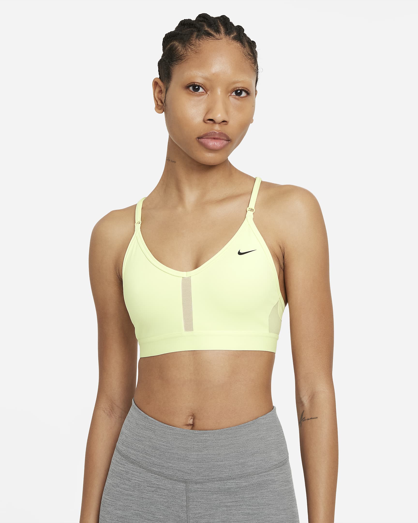 Nike Dri-FIT Indy Women\'s Light-Support Padded V-Neck Sports Bra Lime Ice/Rattan/Lime Ice/Black