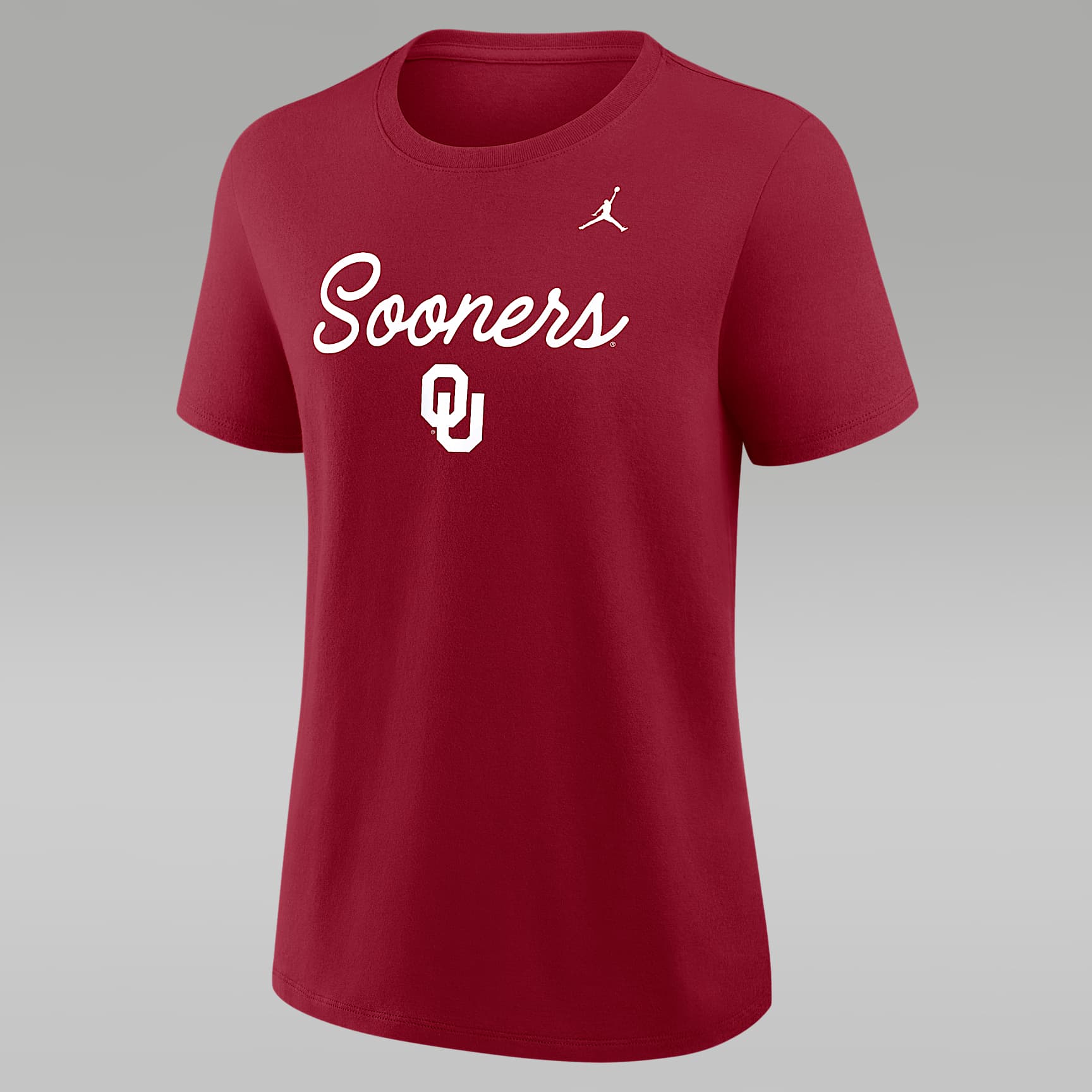 Playera universitaria marca Jordan para mujer Oklahoma Script Mantra Logo