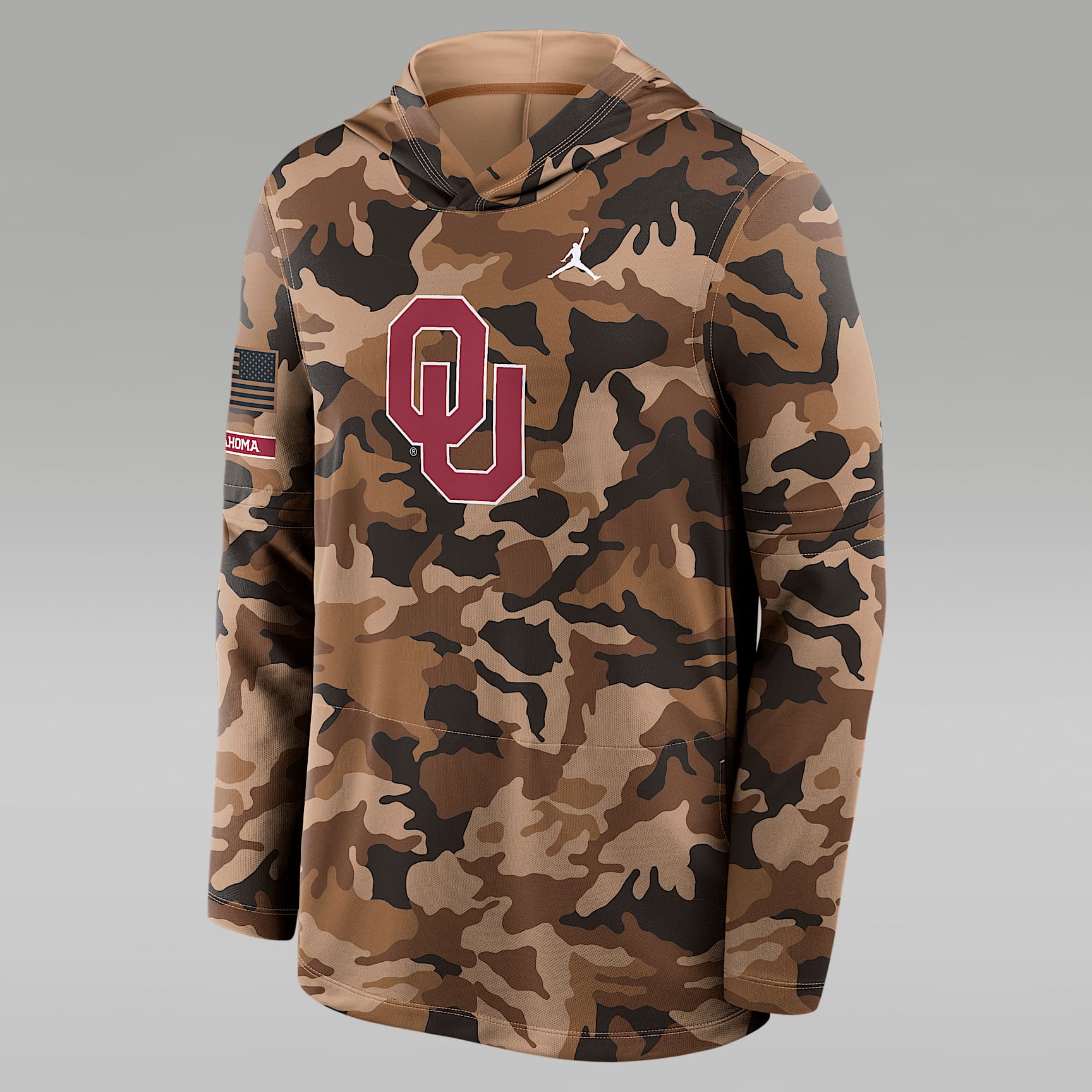 Sudadera con gorro de manga larga universitaria marca Jordan Dri-FIT para hombre Oklahoma 2026 Military Appreciation