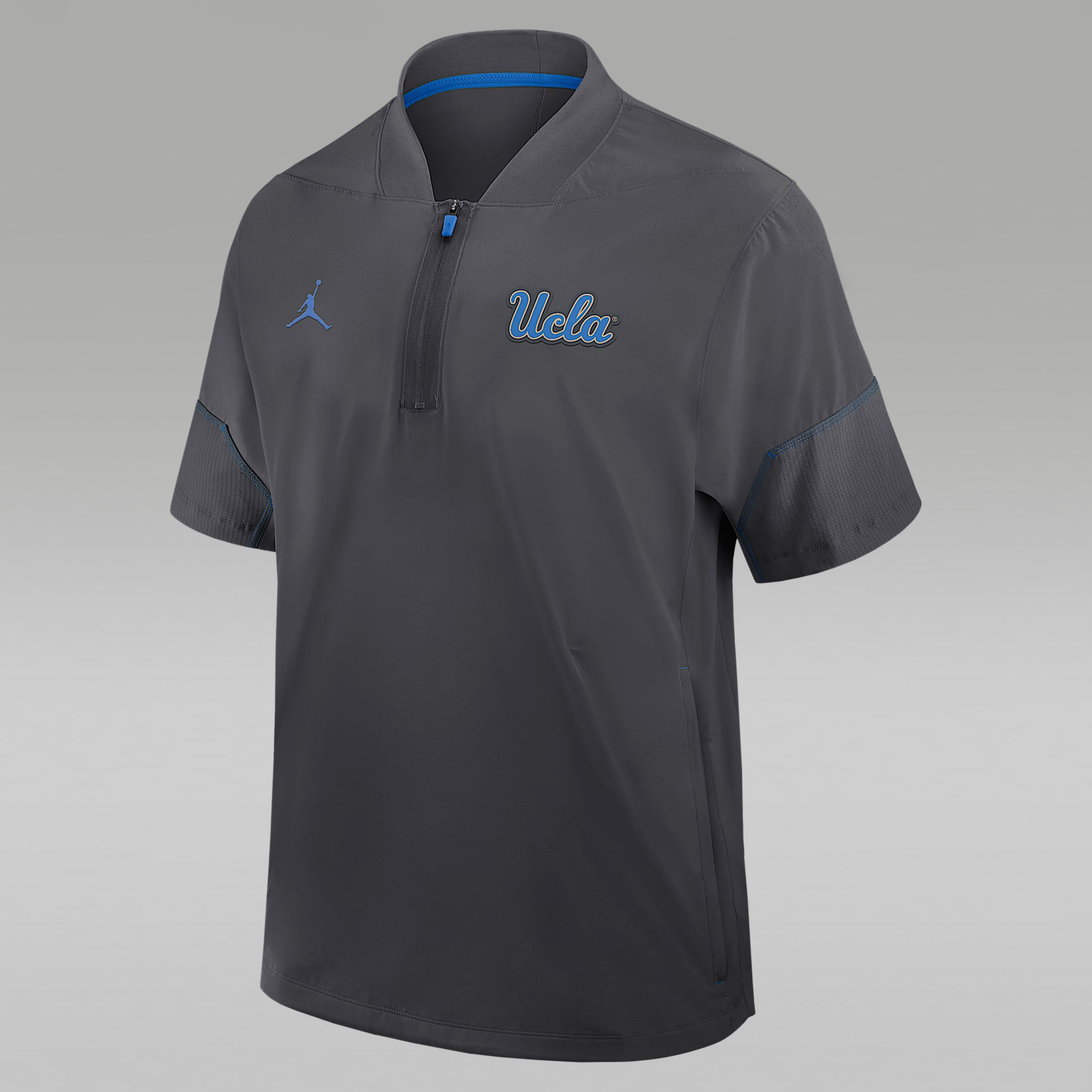 UCLA Sideline Coach Men's Jordan Brand College 1/2-Zip Short-Sleeve Hooded Jacket
