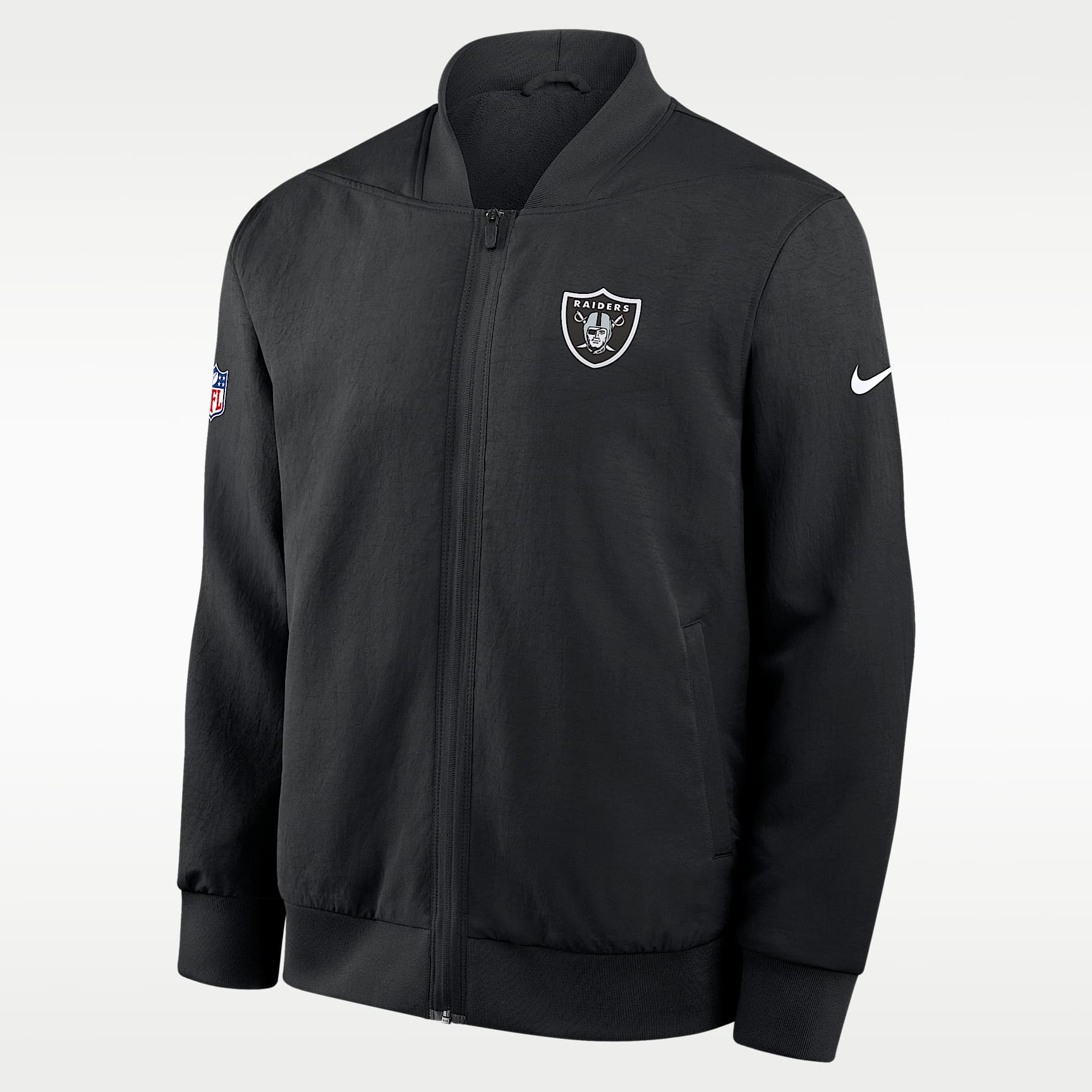 Chamarra bomber Nike de la NFL de cierre completo para hombre Las Vegas Raiders Sideline