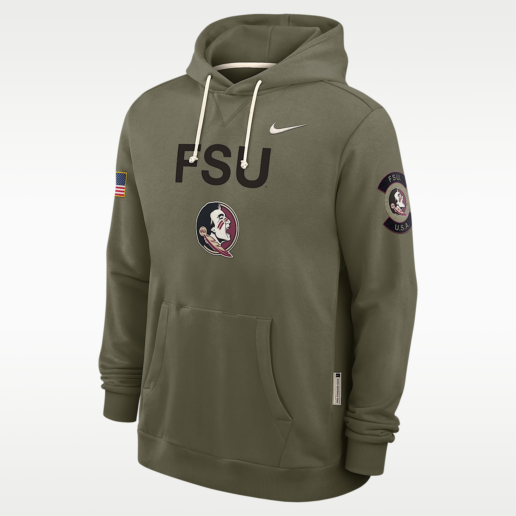 Sudadera con gorro sin cierre universitaria Nike Dri-FIT para hombre Florida State 2025 Military Appreciation