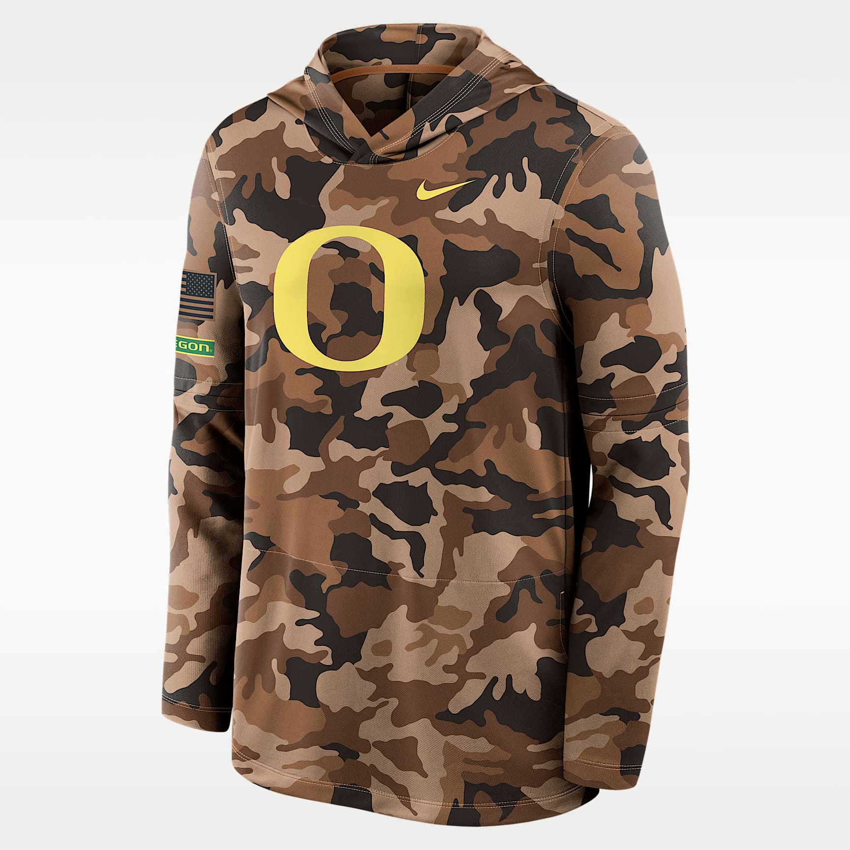 Playera de manga larga universitaria Nike Dri-FIT con gorro para hombre Oregon Military Appreciation