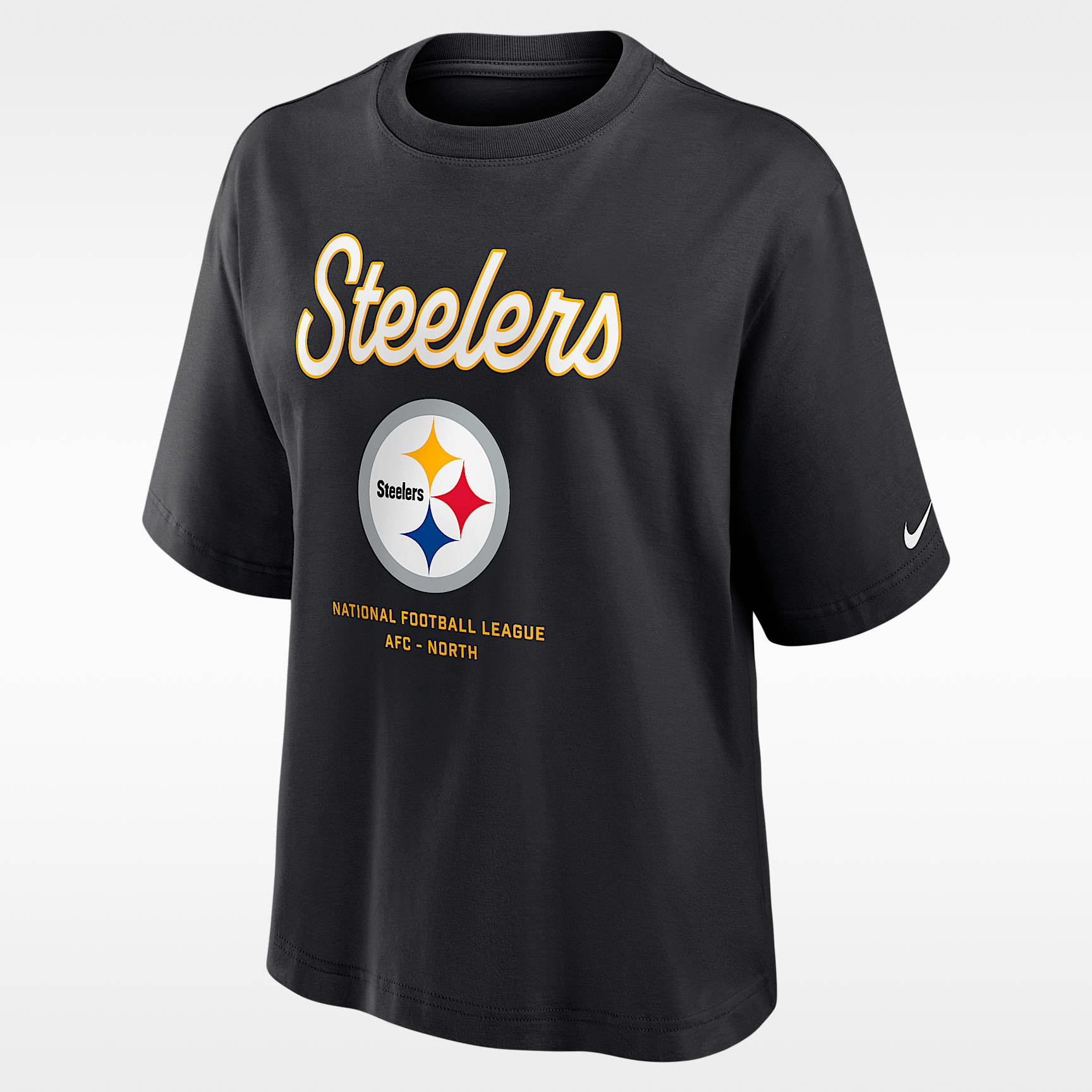 Playera Nike de la NFL para mujer Pittsburgh Steelers Essential Script Boxy