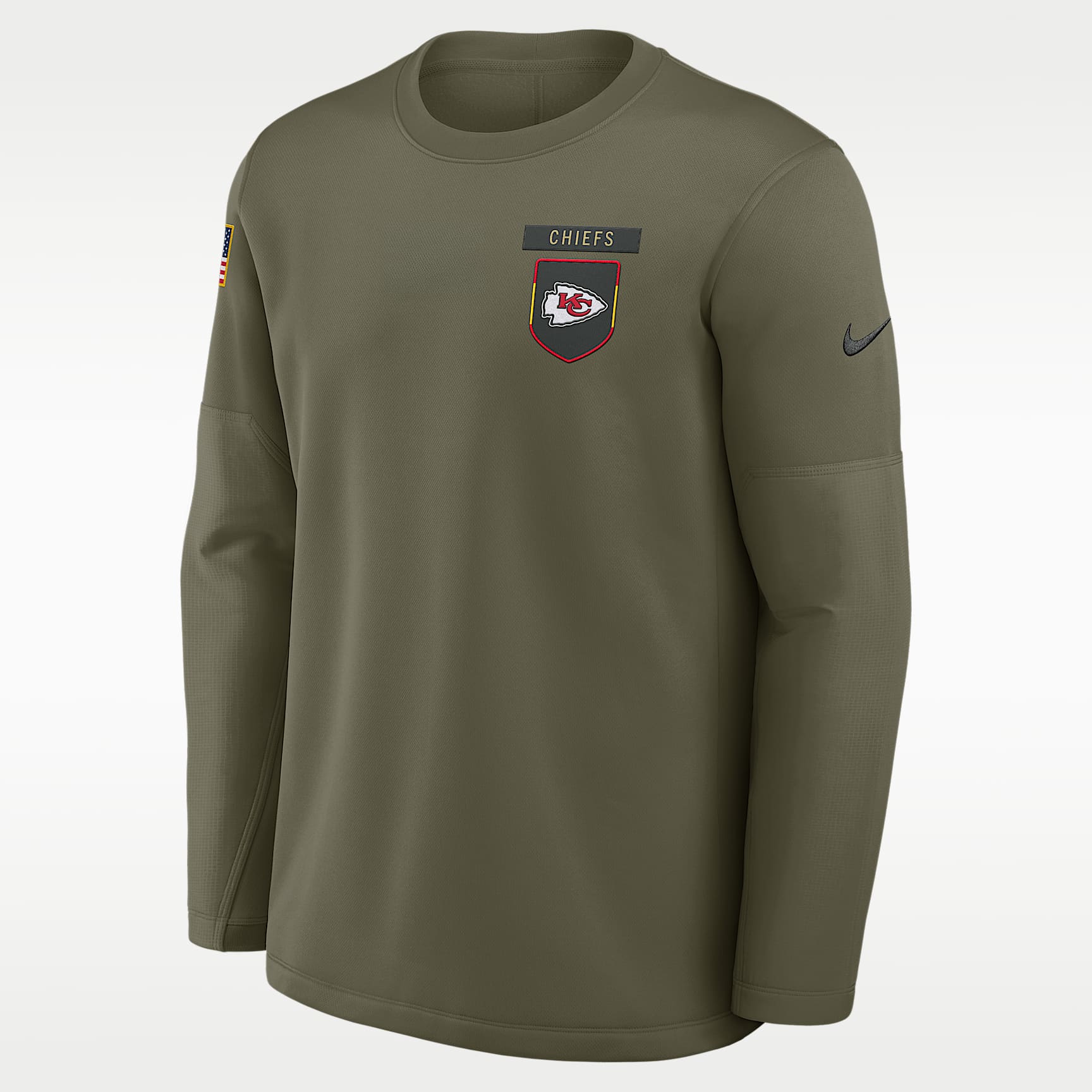 Sudadera de cuello redondo sin cierre Nike de la NFL para hombre Kansas City Chiefs Salute to Service Sideline Triumphant Win Coach