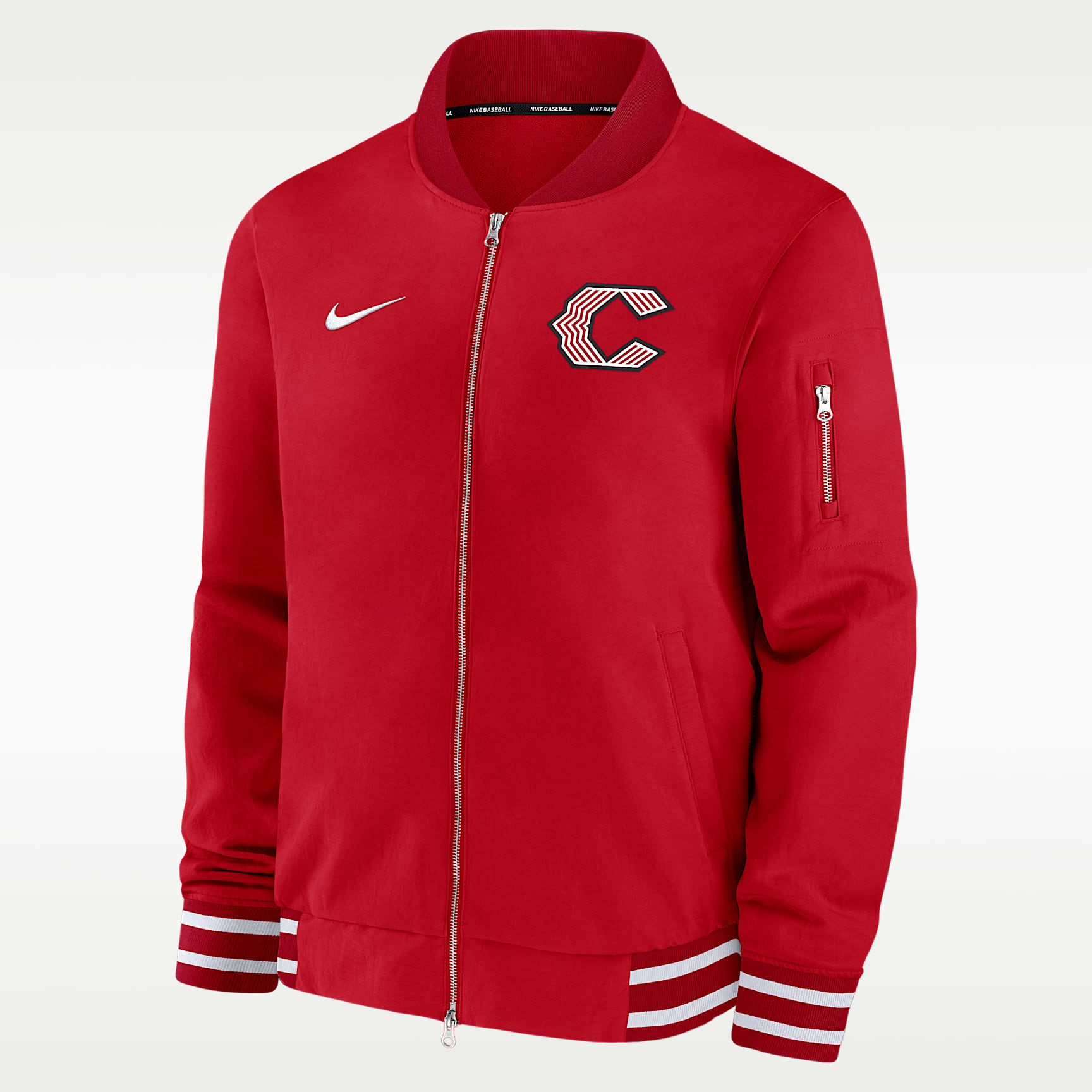 Chamarra bomber Nike de la MLB de cierre completo para hombre Cincinnati Reds Authentic Collection City Connect
