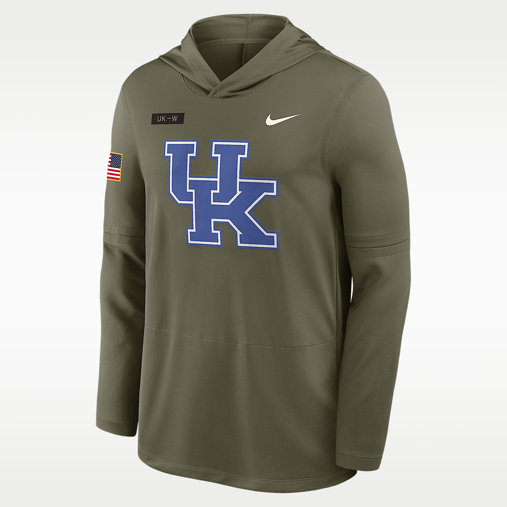Playera de manga larga universitaria Nike Dri-FIT con gorro para hombre Kentucky 2025 Military Appreciation