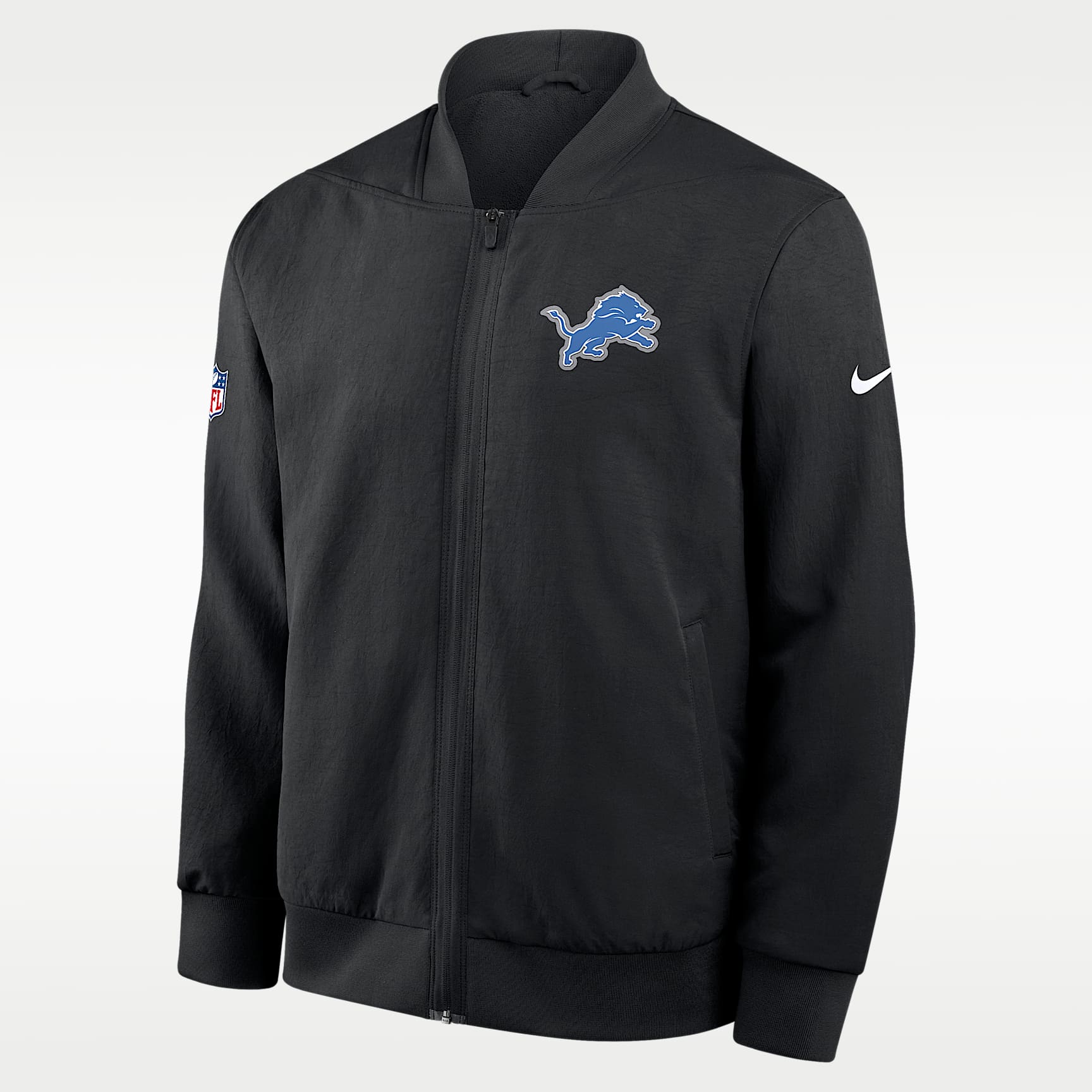 Chamarra bomber Nike de la NFL de cierre completo para hombre Detroit Lions Sideline
