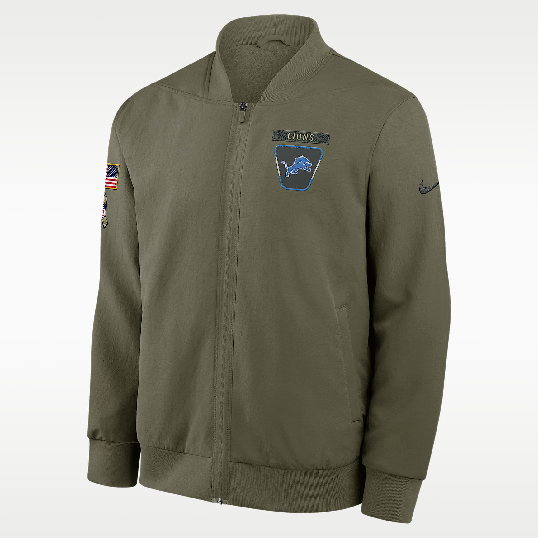 Chamarra bomber Nike de la NFL de cierre completo para hombre Detroit Lions Salute to Service Sideline