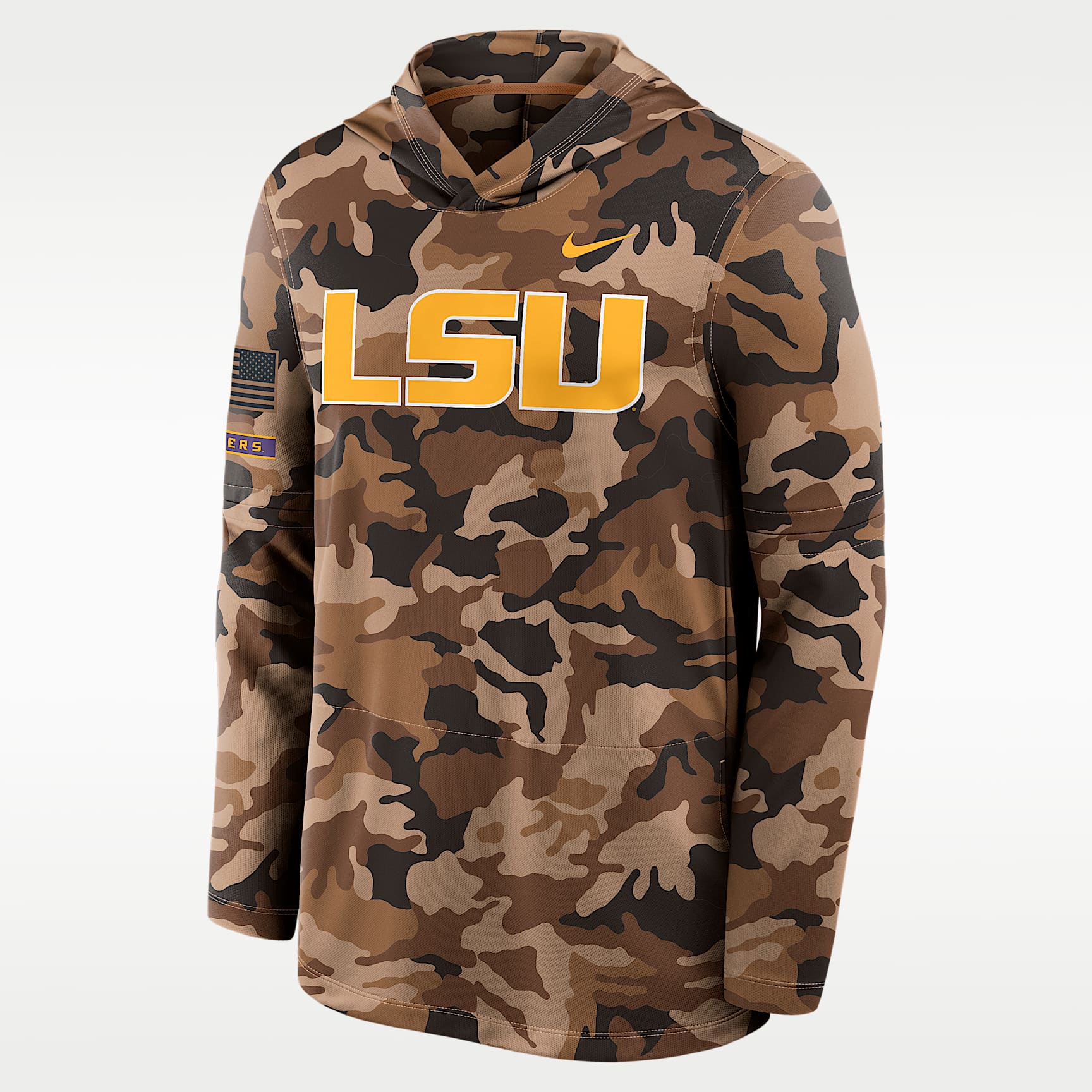 Sudadera con gorro de manga larga universitaria Nike Dri-FIT para hombre LSU 2026 Military Appreciation