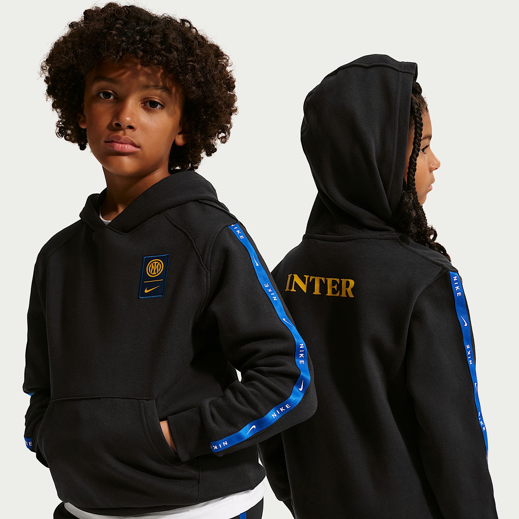Inter Milan City Side Nike Football-hættetrøje i fleece til større børn