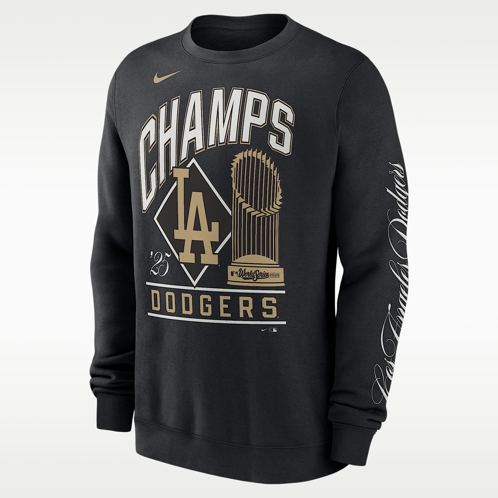 Sudadera de cuello redondo sin cierre Nike de la MLB para hombre Los Angeles Dodgers 2025 World Series Champion Gold Series