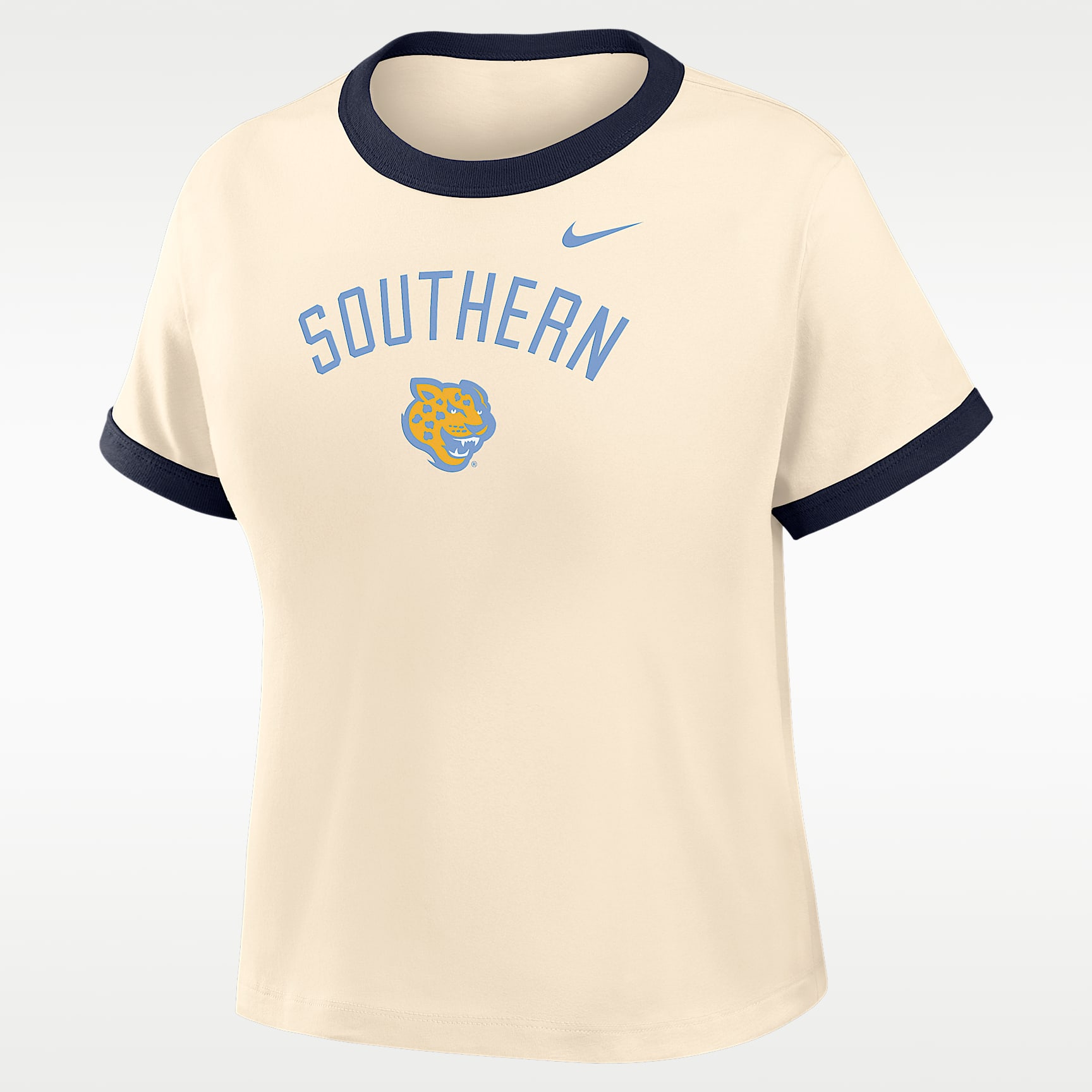 Playera cropped Ringer para mujer Nike College (Southern University and A&M)