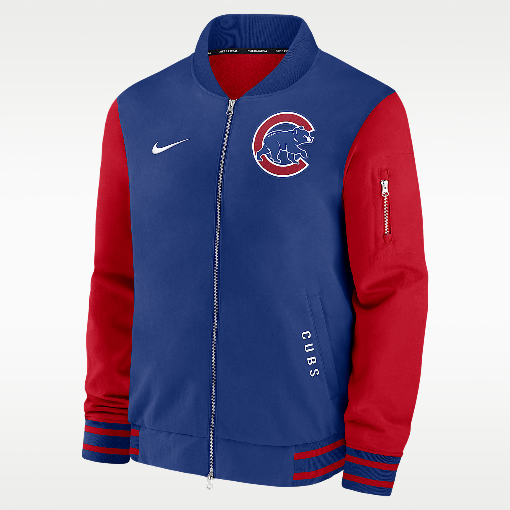 Chamarra bomber de la MLB de cierre completo Nike para hombre Chicago Cubs Authentic Collection Dugout