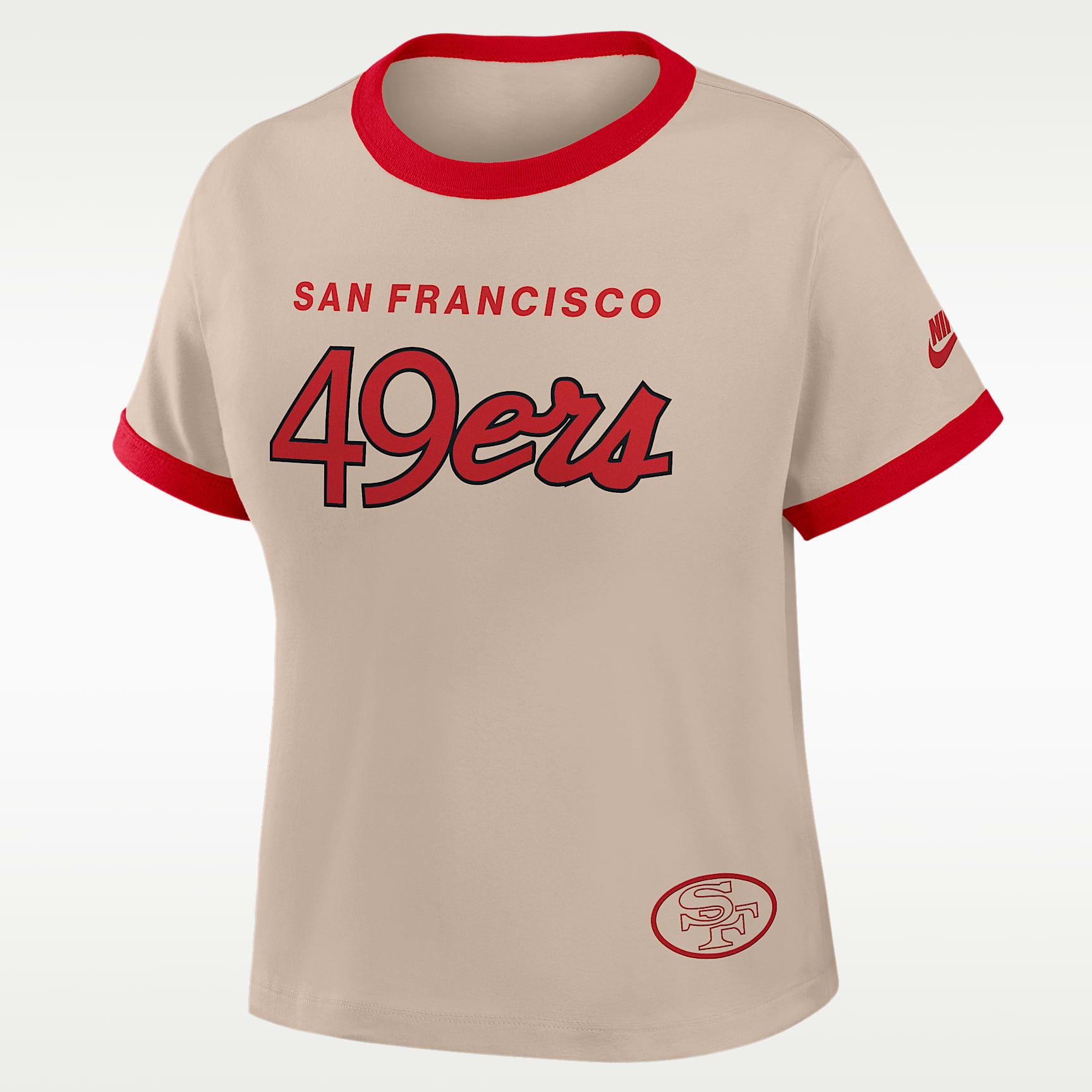 Playera Nike de la NFL cropped para mujer San Francisco 49ers Rewind Ringer Mod