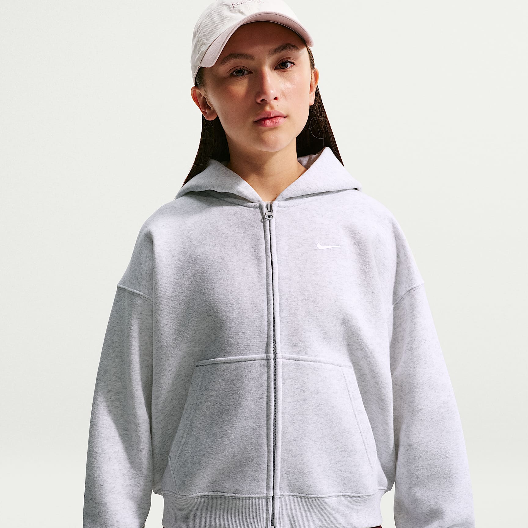 Oversized Nike Sportswear Studio Fleece-hættetrøje med lynlås i fuld længde til større børn (piger)