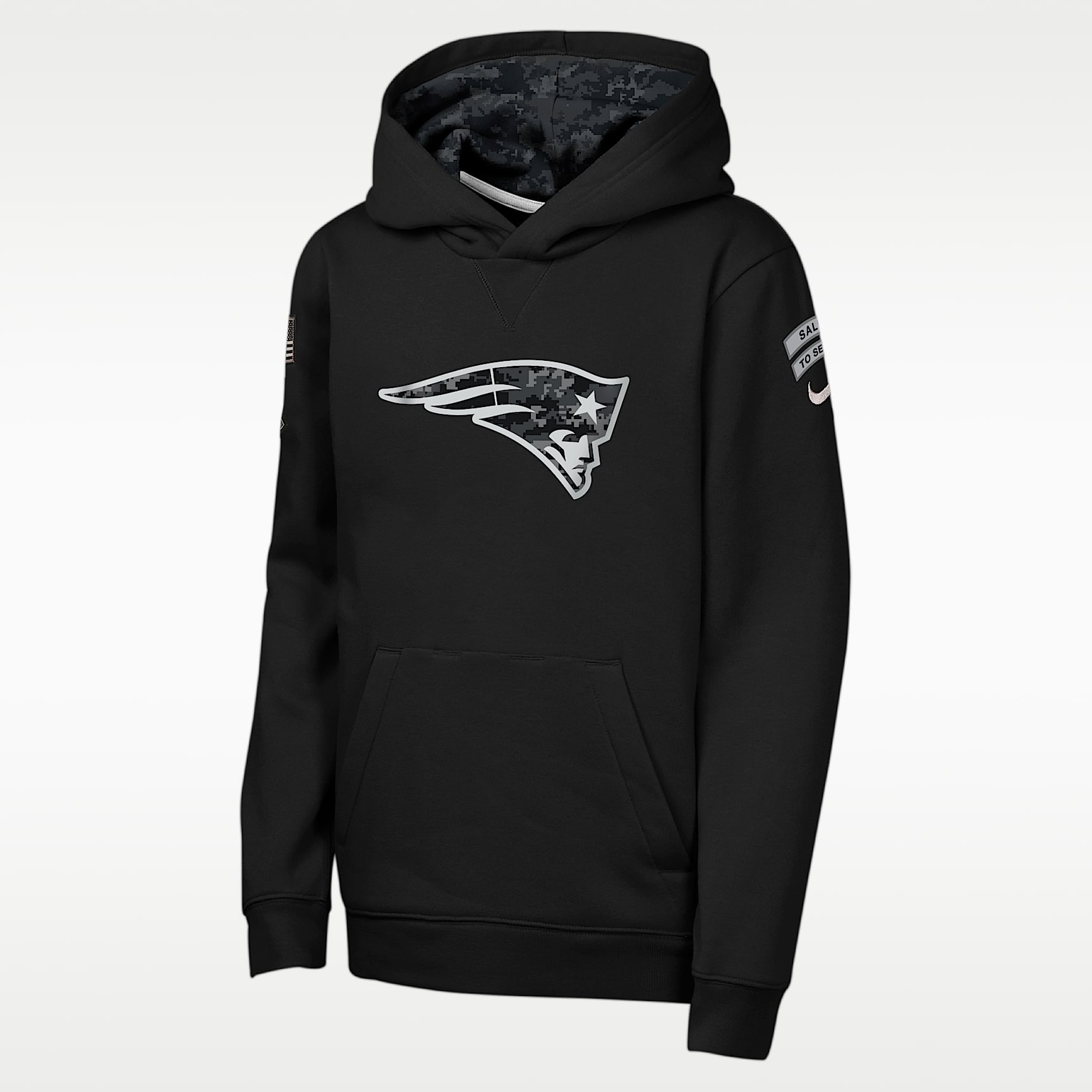 Sudadera con gorro sin cierre Nike de la NFL para niños talla grande New England Patriots Salute to Service Sideline Club