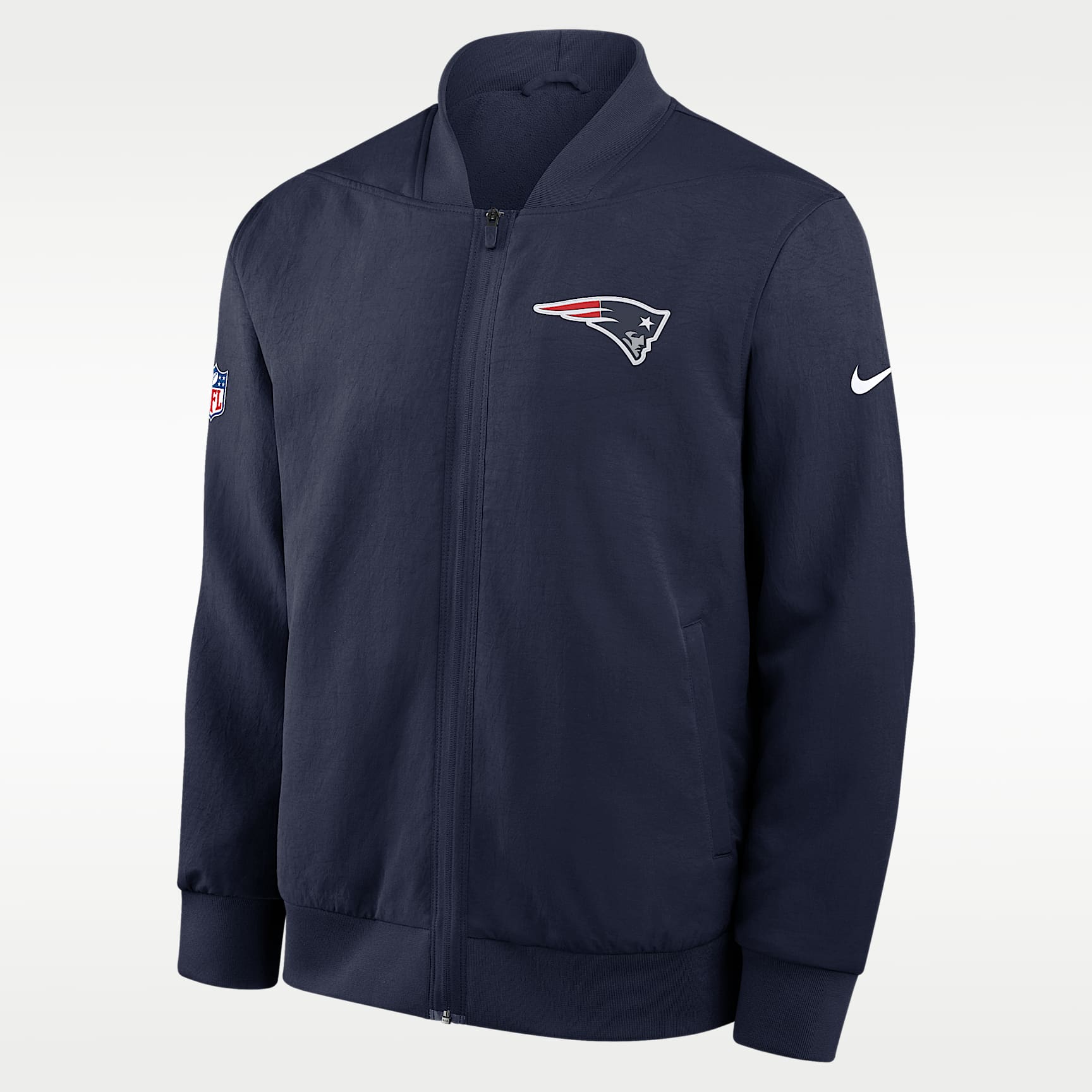 Chamarra bomber Nike de la NFL de cierre completo para hombre New England Patriots Sideline