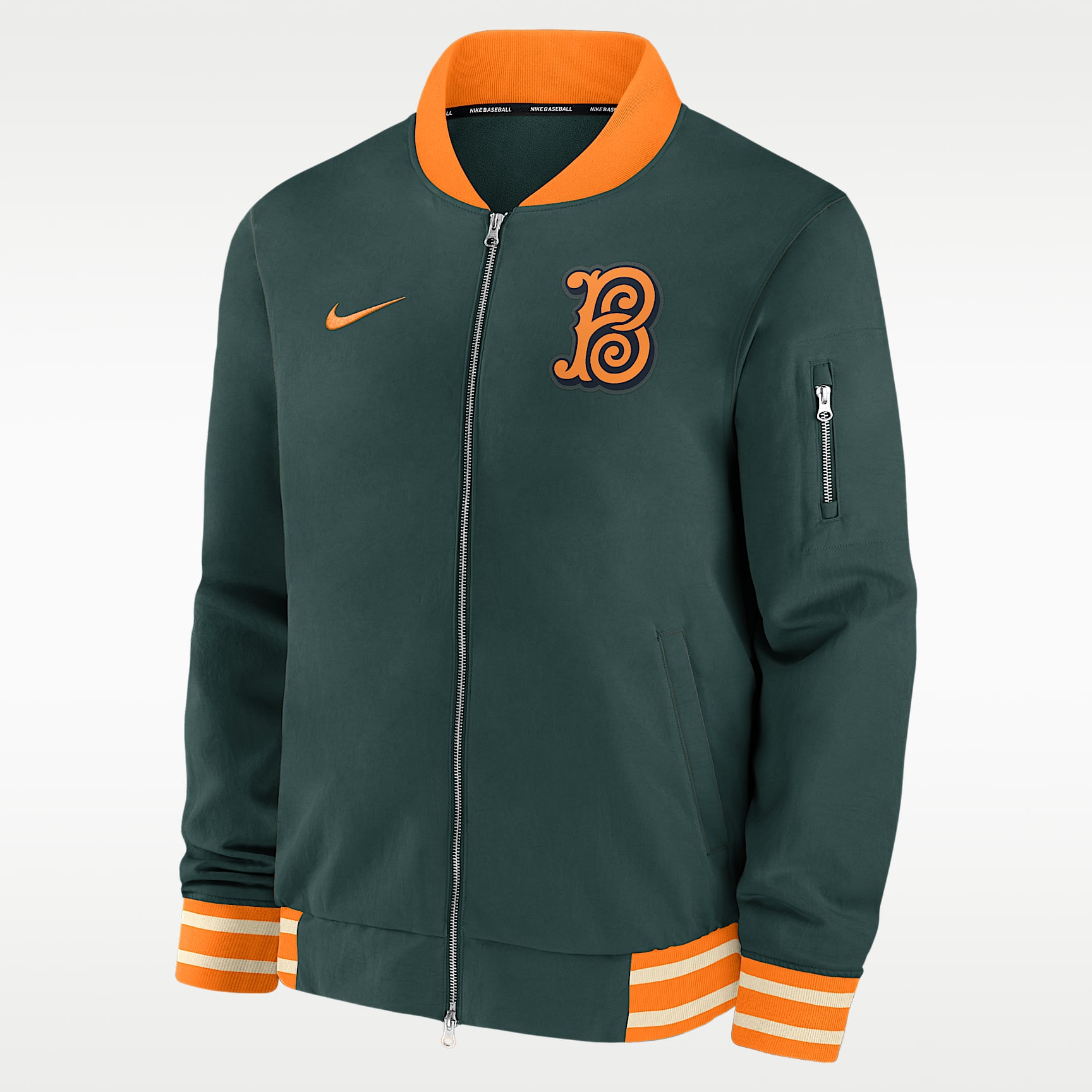 Chamarra bomber Nike de la MLB de cierre completo para hombre Baltimore Orioles Authentic Collection City Connect