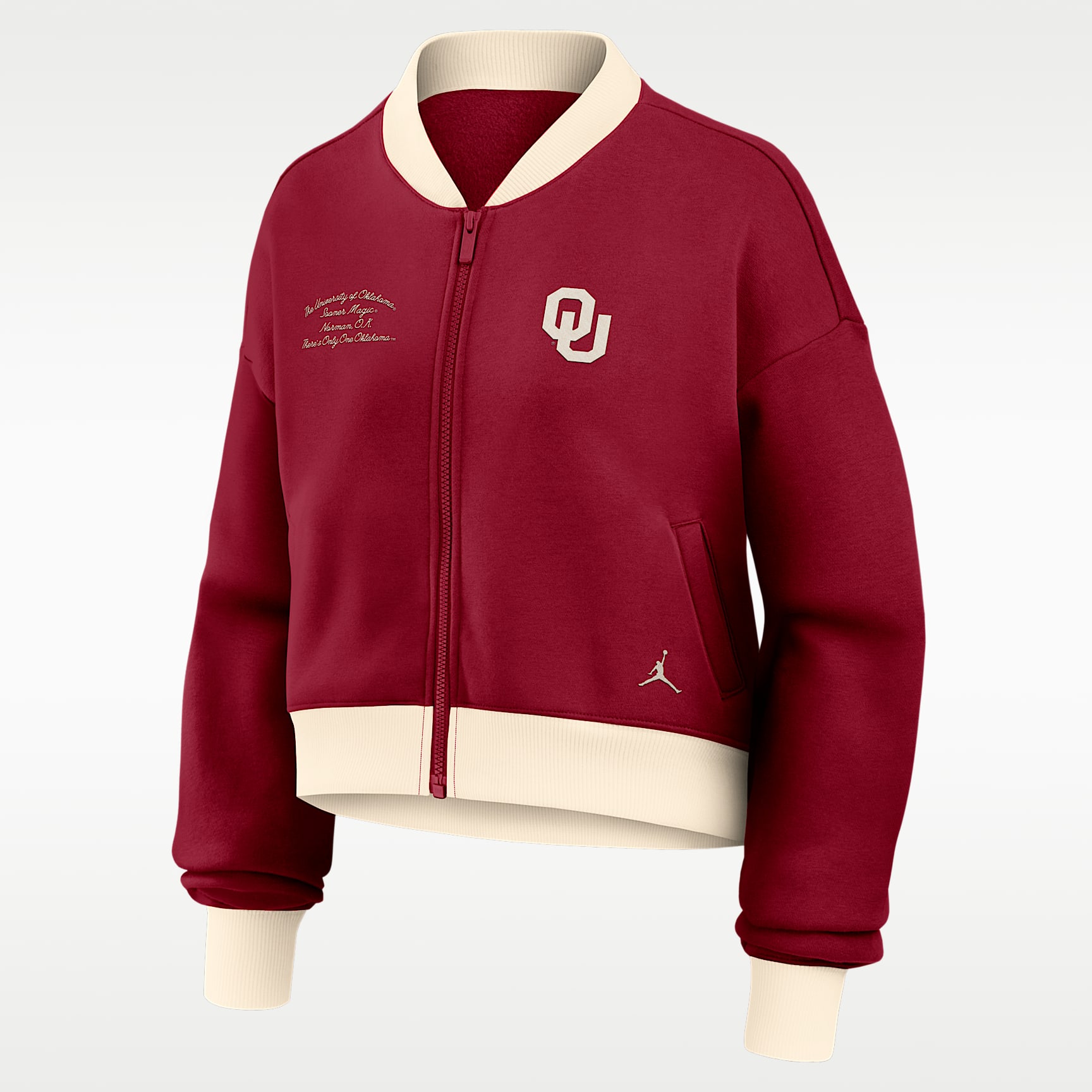 Oklahoma Academic Women's Jordan Brand College Oversized Cropped Full-Zip Bomber Jacket