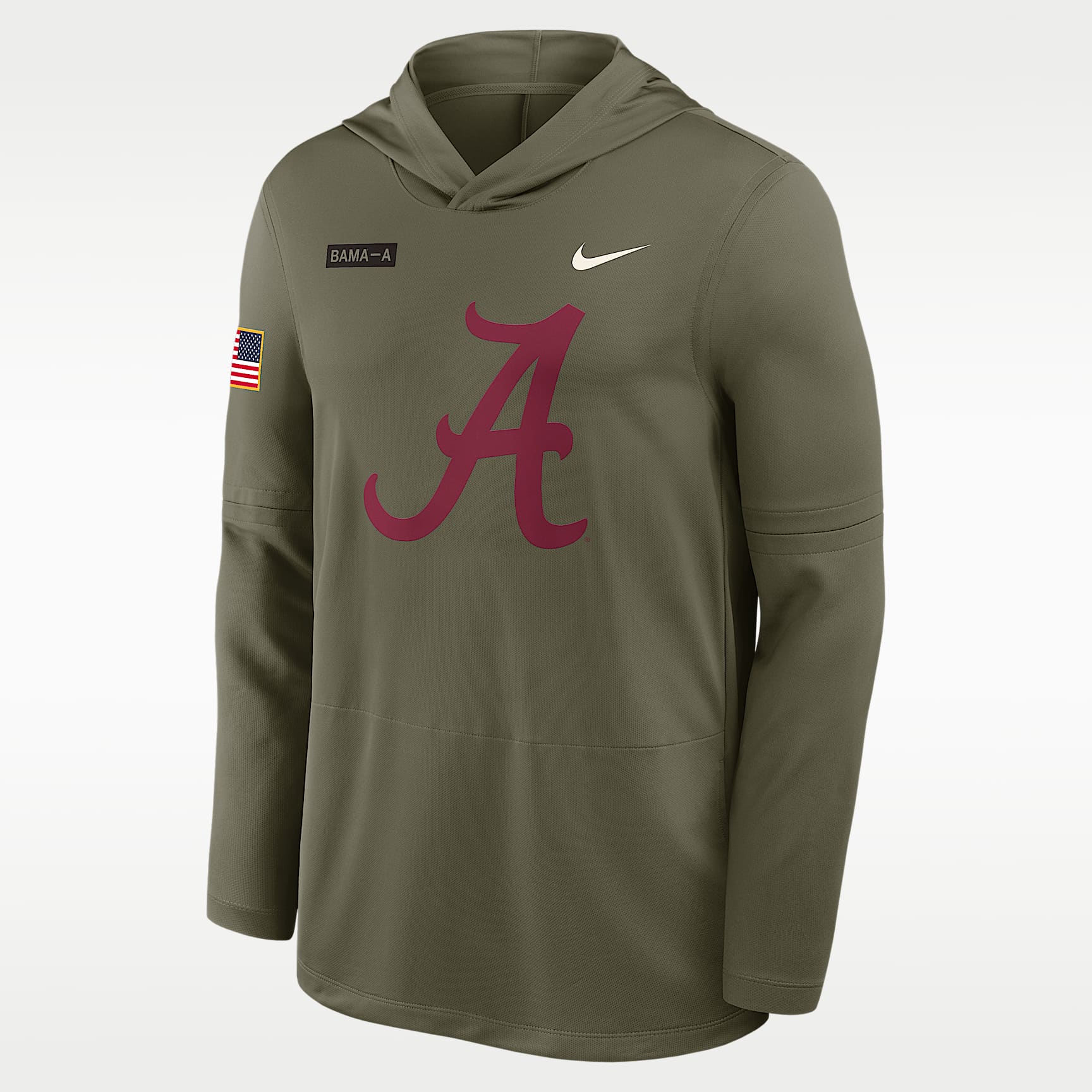 Playera de manga larga universitaria Nike Dri-FIT con gorro para hombre Alabama 2025 Military Appreciation