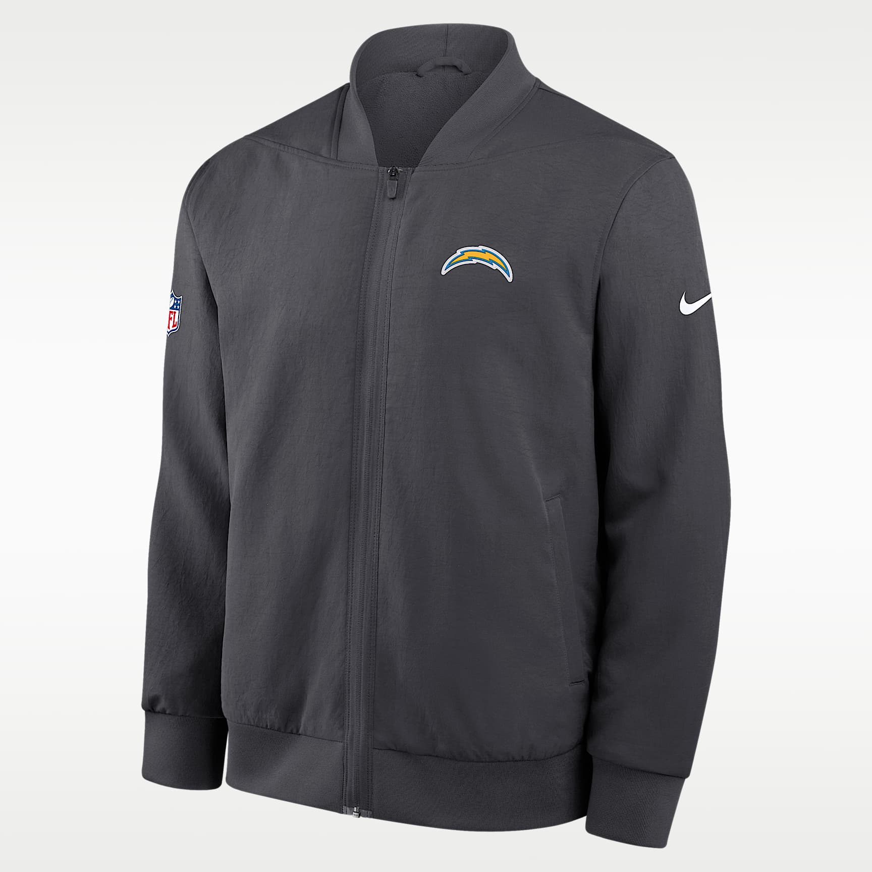 Chamarra bomber Nike de la NFL de cierre completo para hombre Los Angeles Chargers Sideline