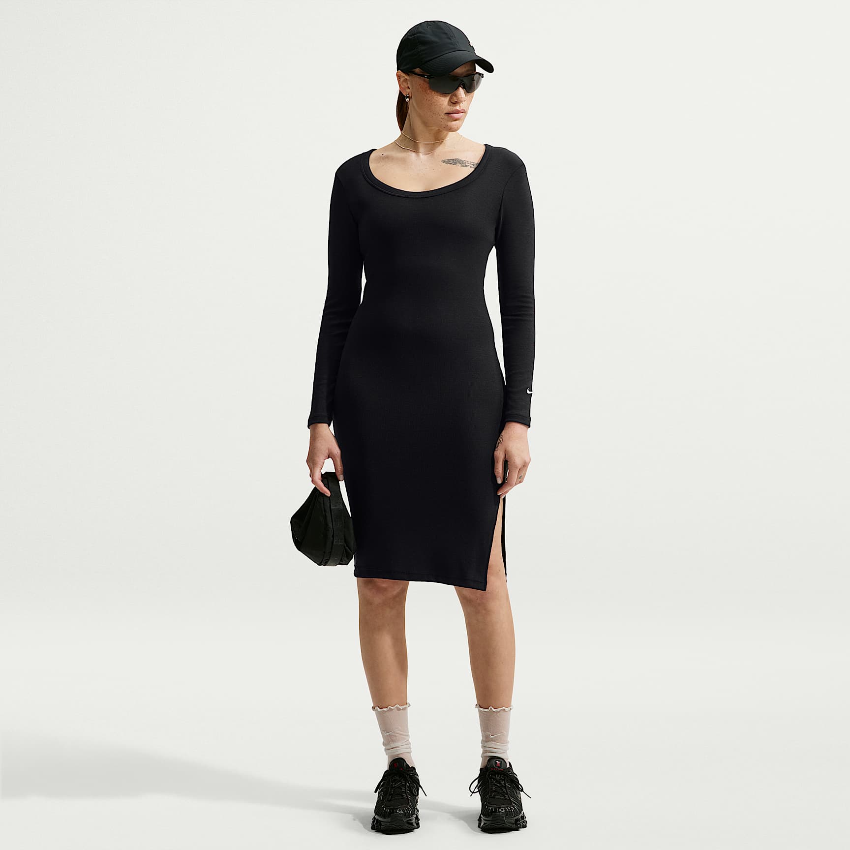 Nike Sportswear Chill Knit strakke midi-jurk met mini-ribbels en lange mouwen