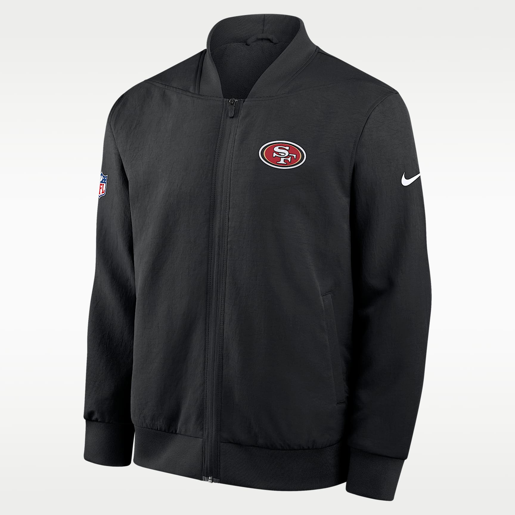 Chamarra bomber Nike de la NFL de cierre completo para hombre San Francisco 49ers Sideline