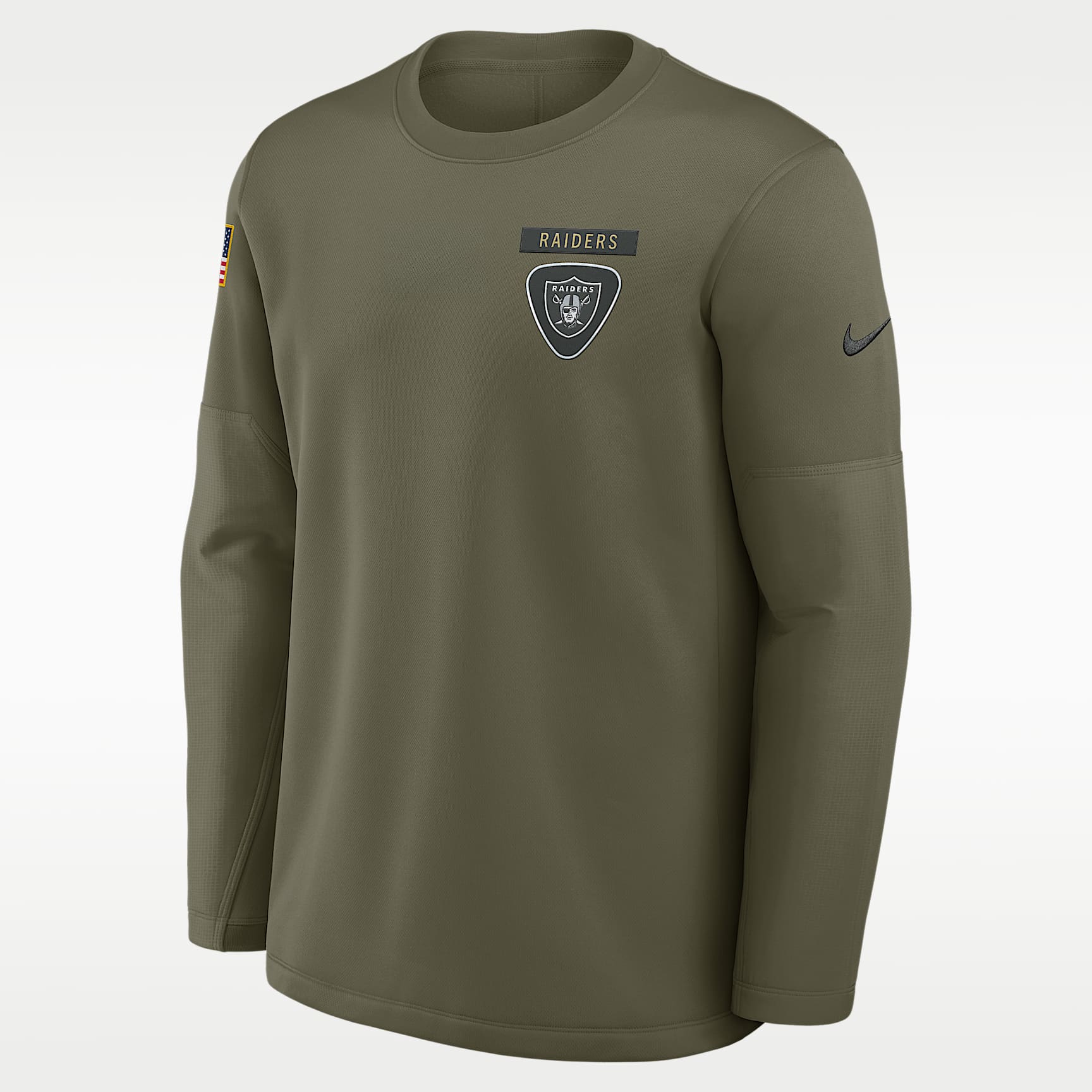 Sudadera de cuello redondo sin cierre Nike de la NFL para hombre Las Vegas Raiders Salute to Service Sideline Triumphant Win Coach