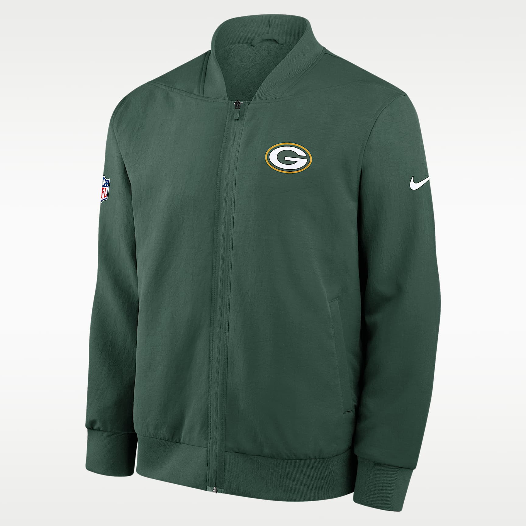 Chamarra bomber Nike de la NFL de cierre completo para hombre Green Bay Packers Sideline