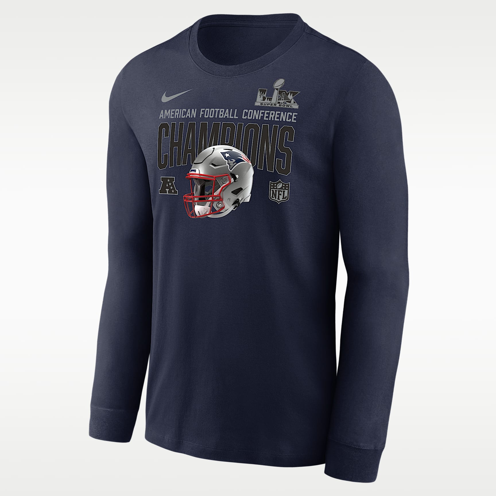 New England Patriots 2026 AFC Champions Glory Shield Men's Nike NFL Long-Sleeve T-Shirt