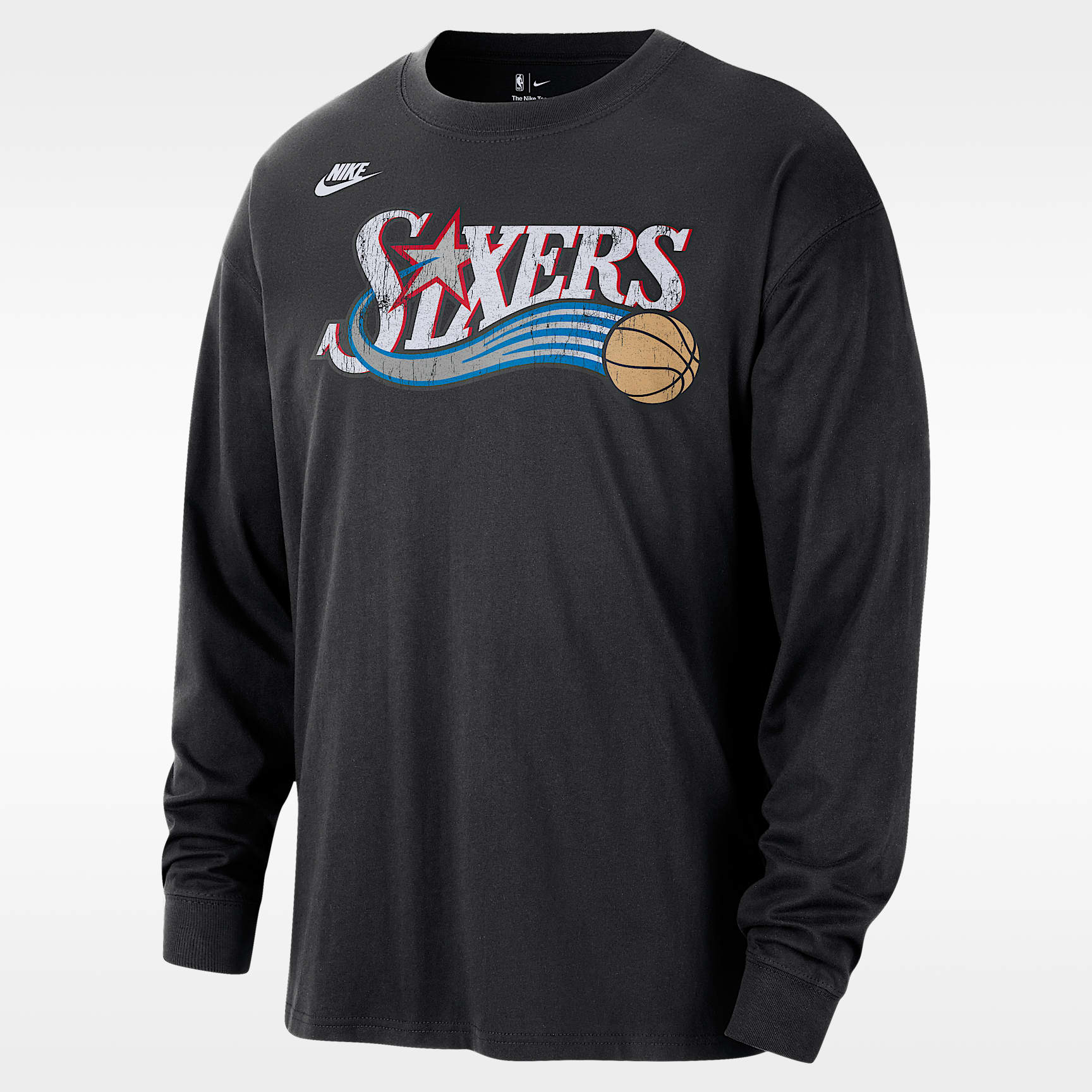 Playera de manga larga Nike de la NBA para hombre Philadelphia 76ers Essentials Hardwood Classics