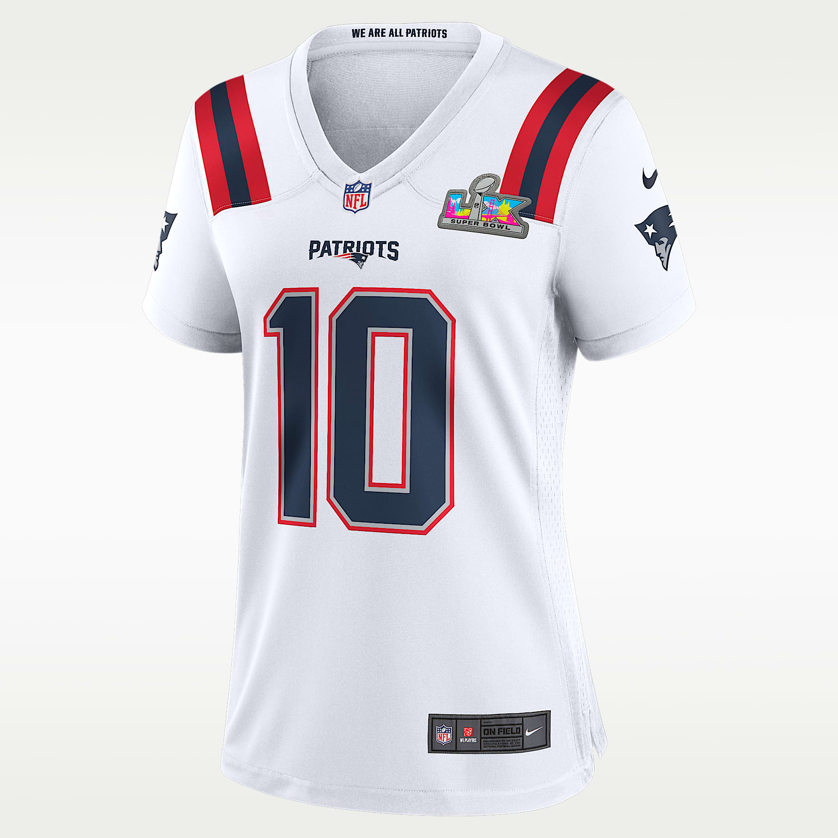 Jersey Nike de la NFL Game para mujer Drake Maye New England Patriots Super Bowl LX