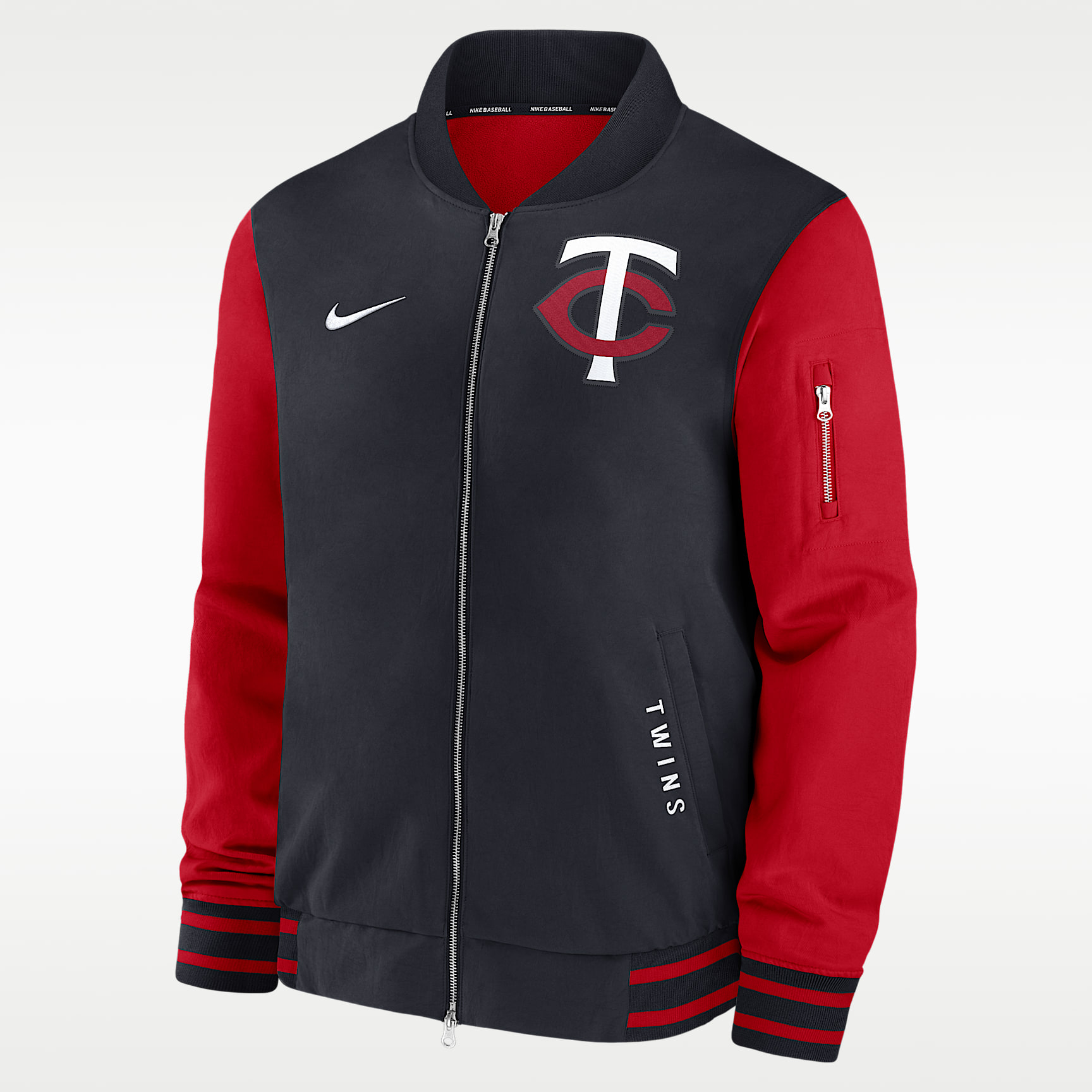 Chamarra bomber Nike de la MLB de cierre completo para hombre Minnesota Twins Authentic Collection Dugout