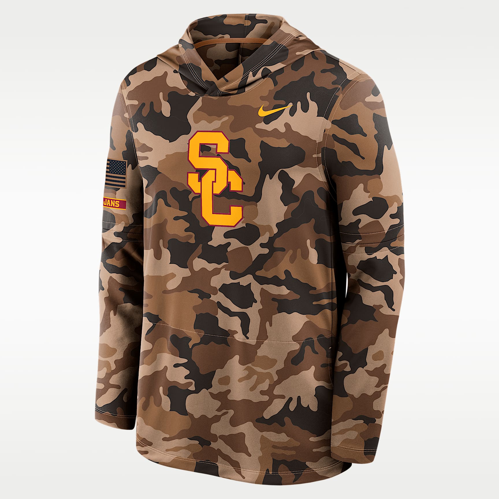 Playera de manga larga universitaria Nike Dri-FIT con gorro para hombre USC Military Appreciation