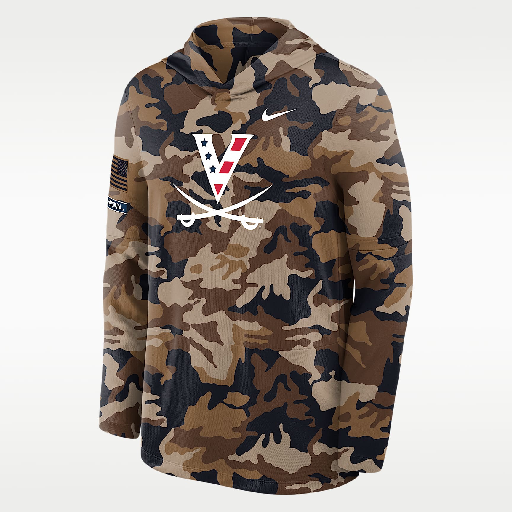 Playera de manga larga universitaria Nike Dri-FIT con gorro para hombre Virginia 2026 Military Appreciation