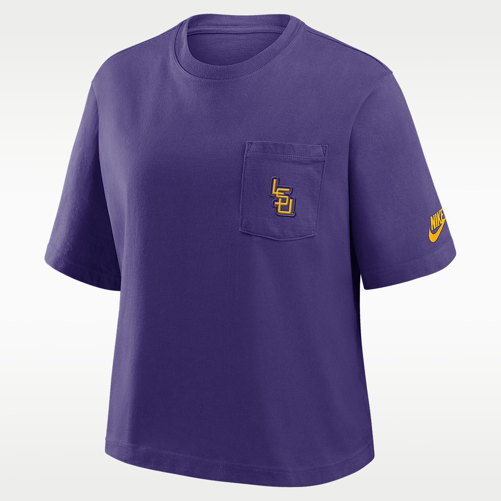 Playera universitaria Nike para mujer LSU Legacy Pocket Boxy