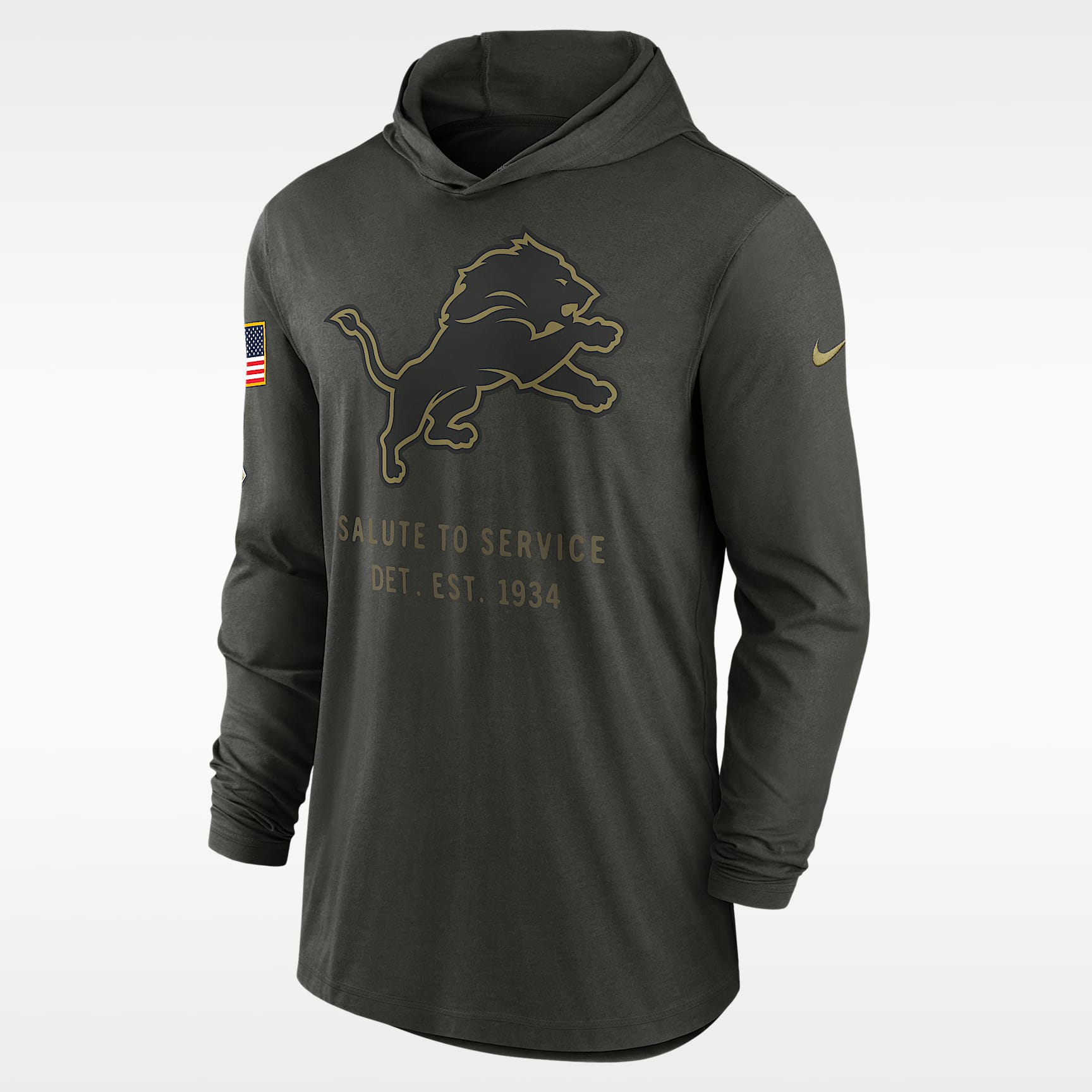 Playera de manga larga Nike Dri-FIT de la NFL con gorro para hombre Detroit Lions Salute to Service Sideline