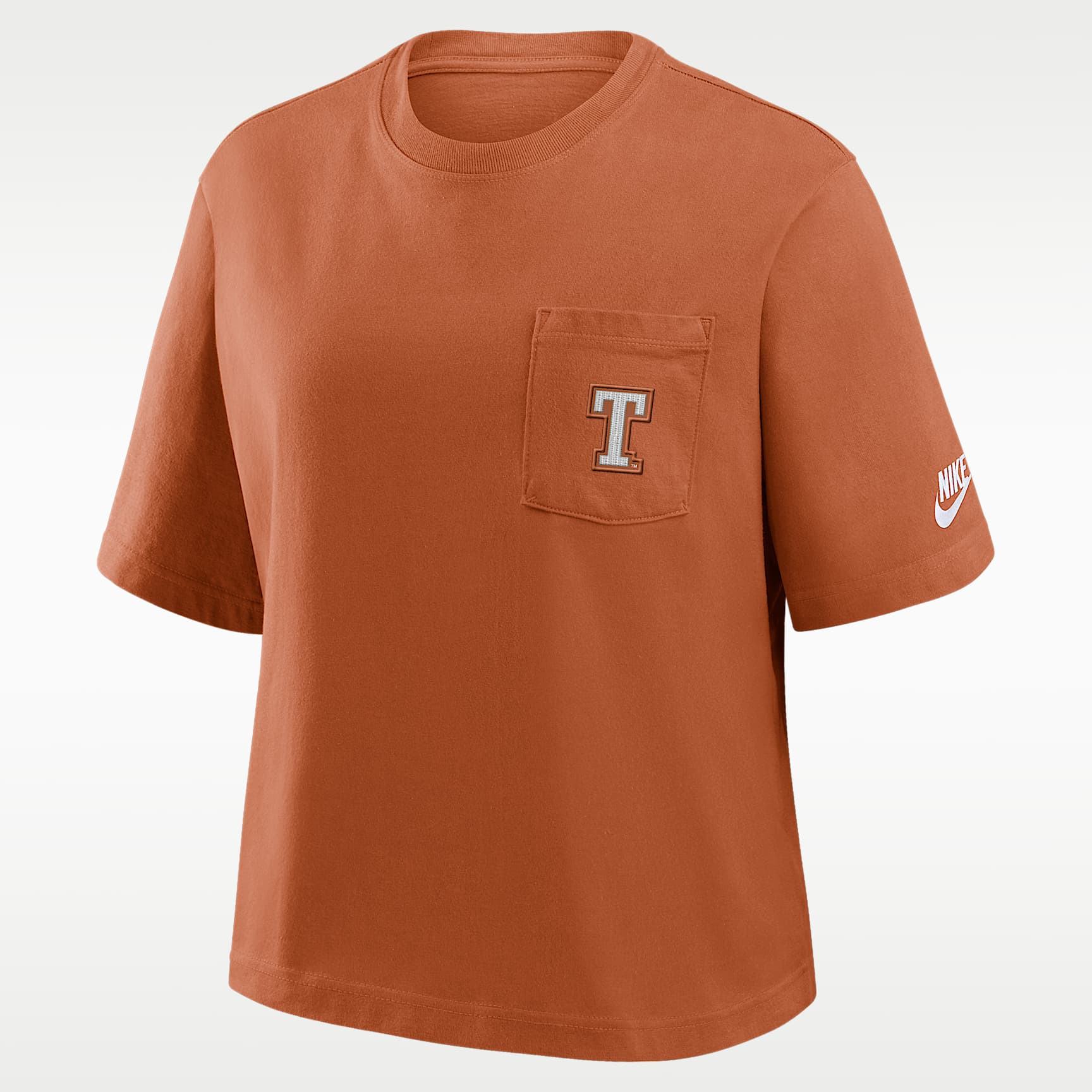 Playera universitaria Nike para mujer Texas Legacy Pocket Boxy
