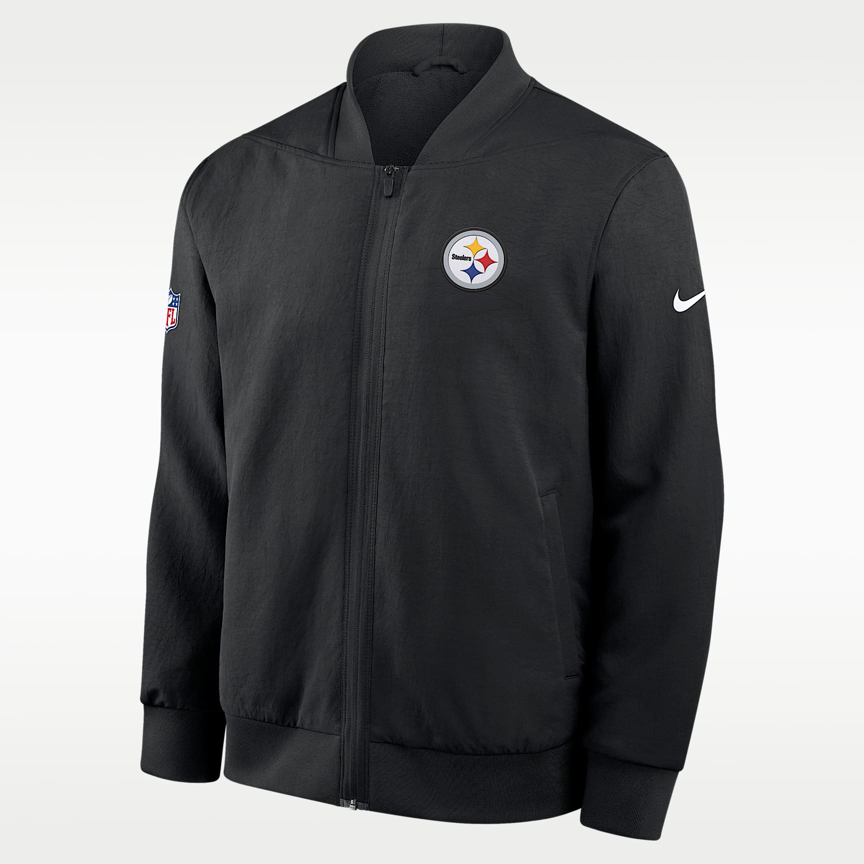 Chamarra bomber Nike de la NFL de cierre completo para hombre Pittsburgh Steelers Sideline