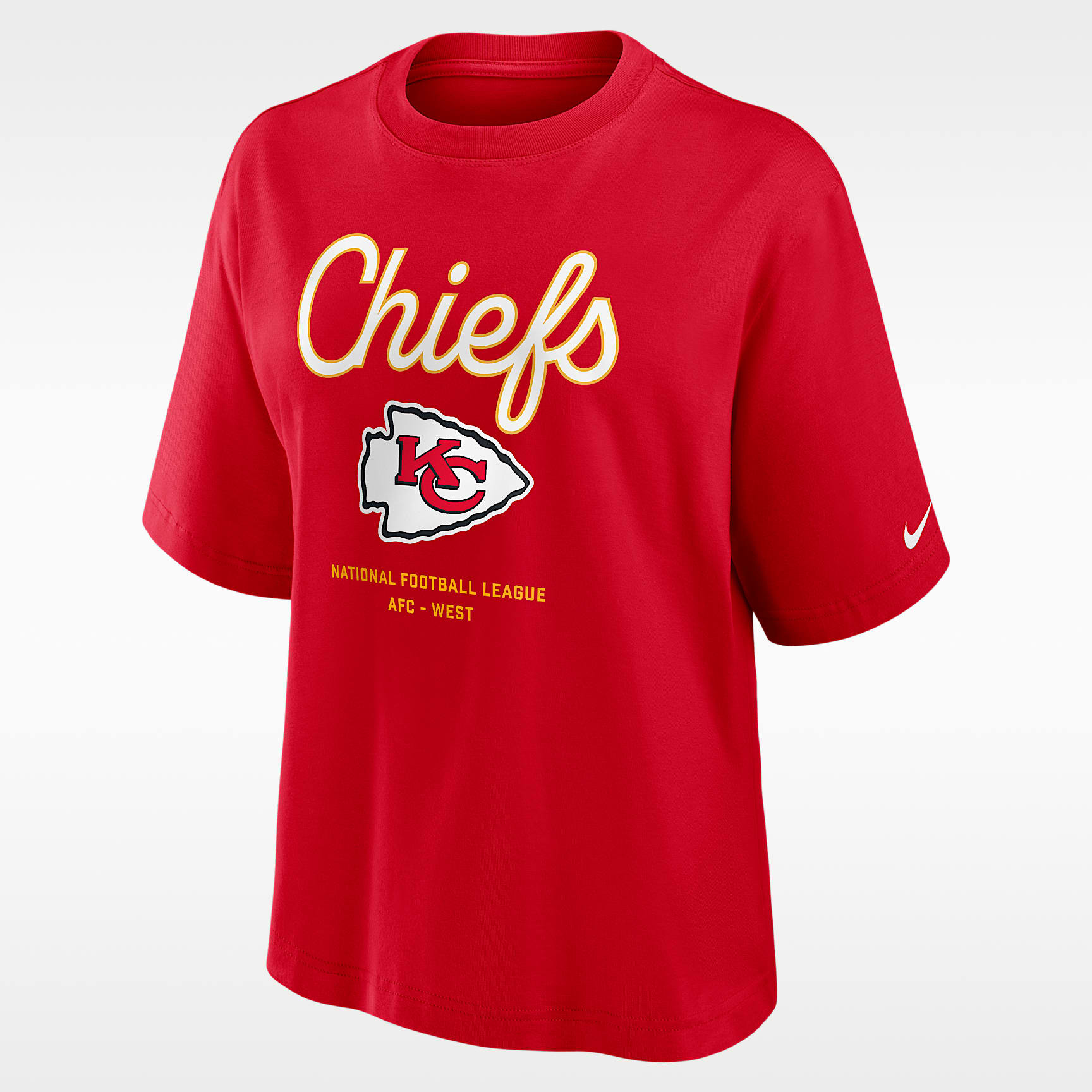 Playera Nike de la NFL para mujer Kansas City Chiefs Essential Script Boxy