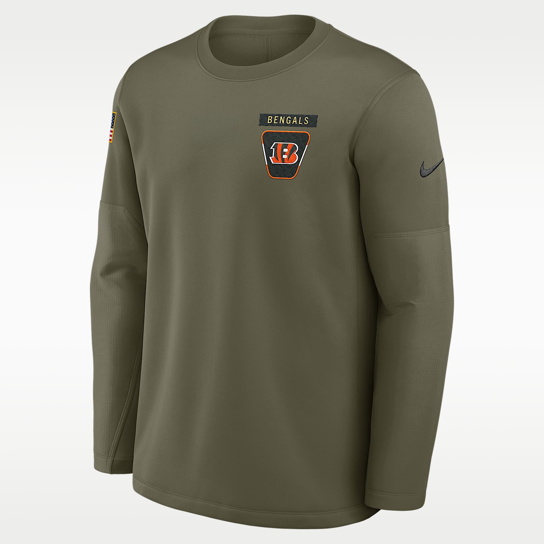 Sudadera de cuello redondo sin cierre Nike de la NFL para hombre Cincinnati Bengals Salute to Service Sideline Triumphant Win Coach