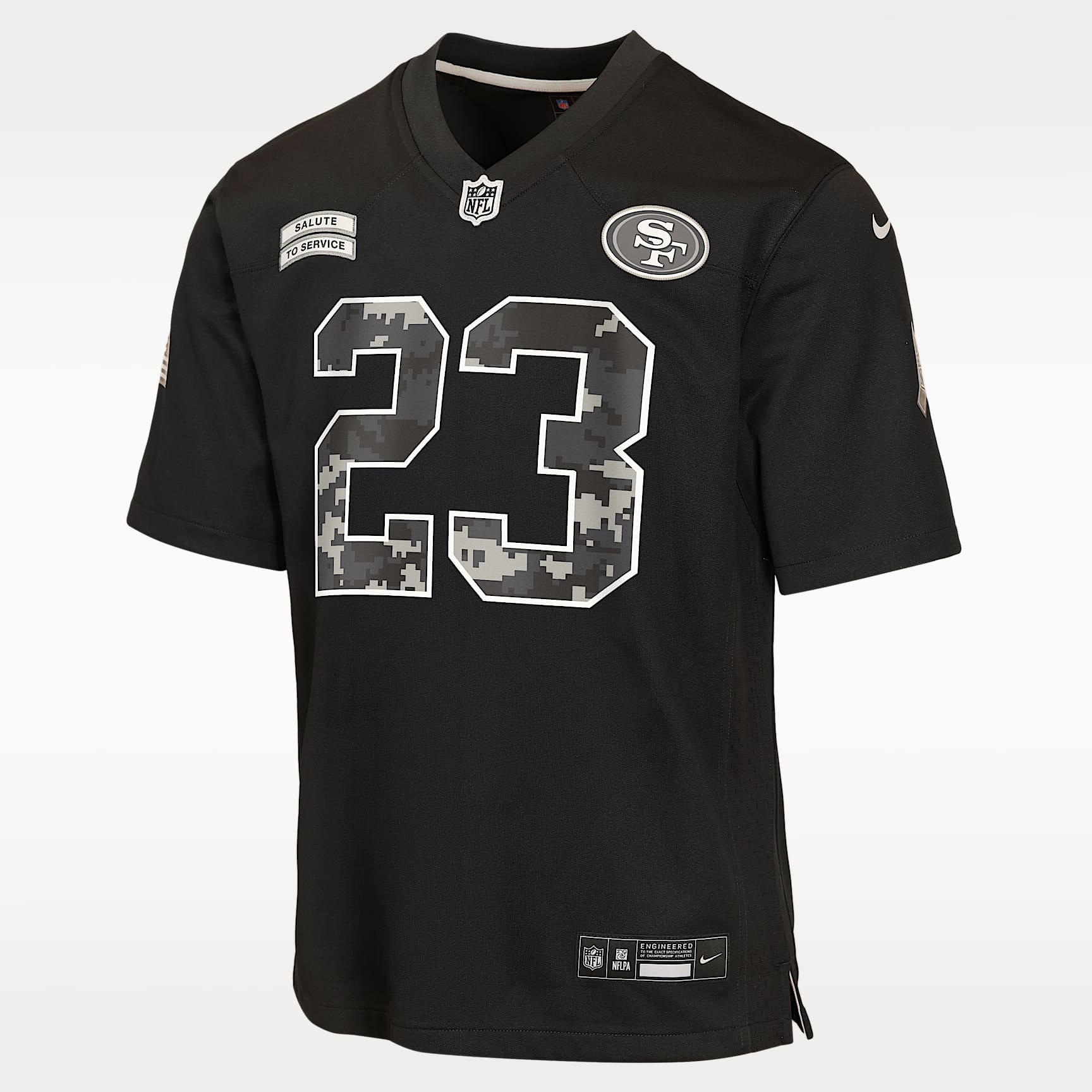 Jersey Nike de la NFL Game para niños talla grande Christian McCaffrey San Francisco 49ers Salute to Service