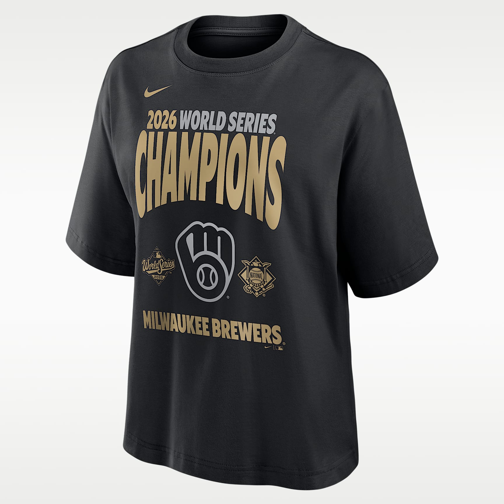Milwaukee Brewers 2026 World Series Champions Raise the Trophy Boxy Women's Nike MLB T-Shirt
