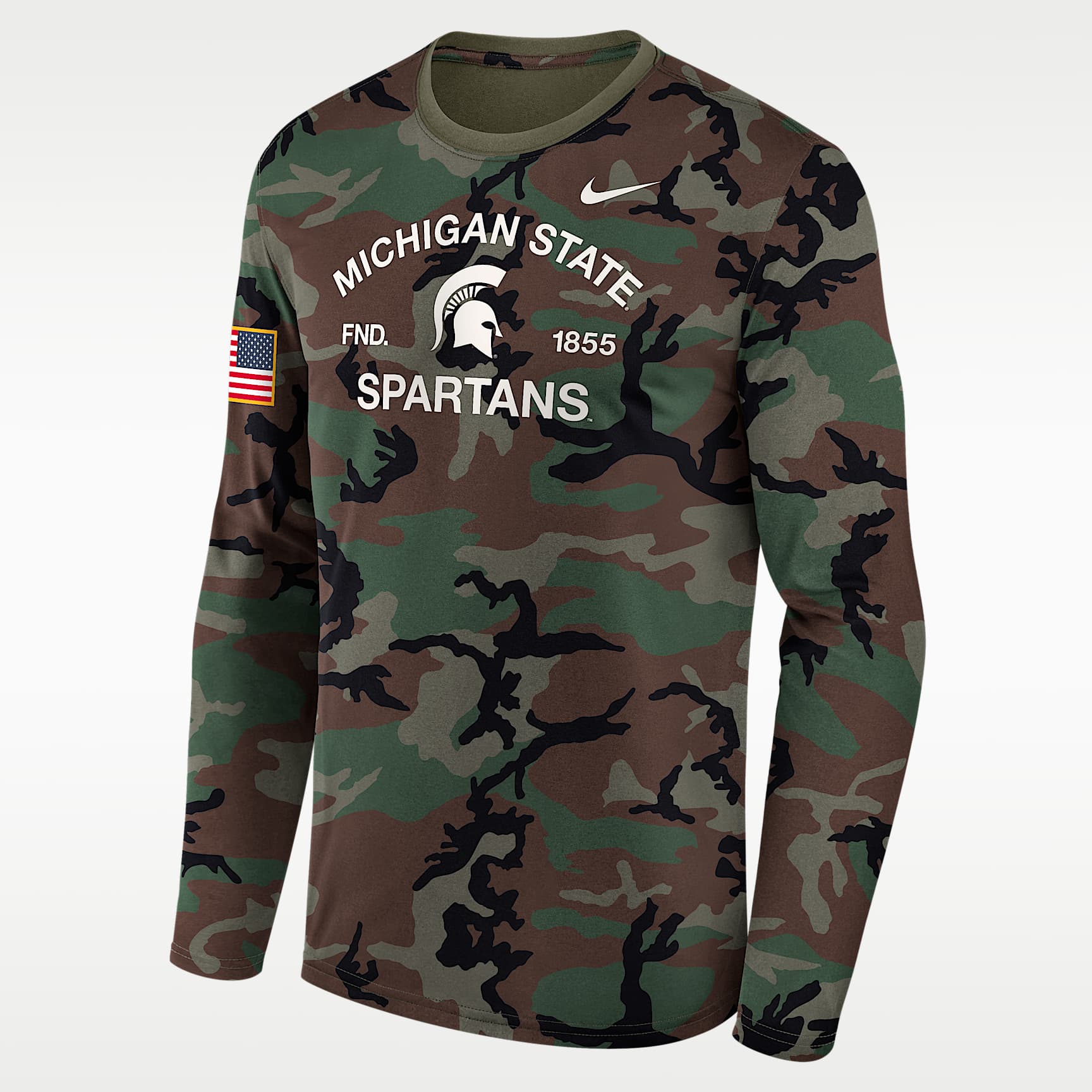 Playera de manga larga universitaria Nike Dri-FIT para hombre Michigan State 2025 Military Appreciation Legend