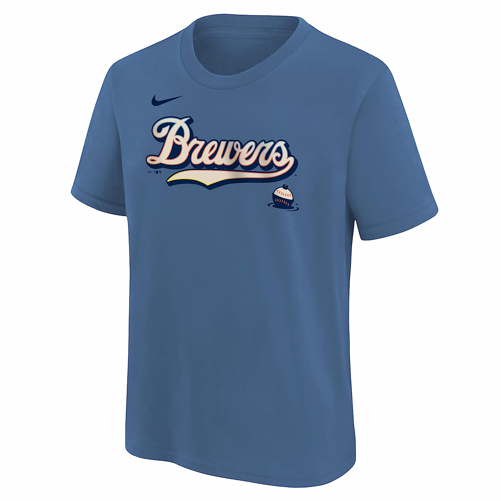 Playera Nike de la MLB para niños talla grande de los Milwaukee Brewers, con marca denominativa City Connect