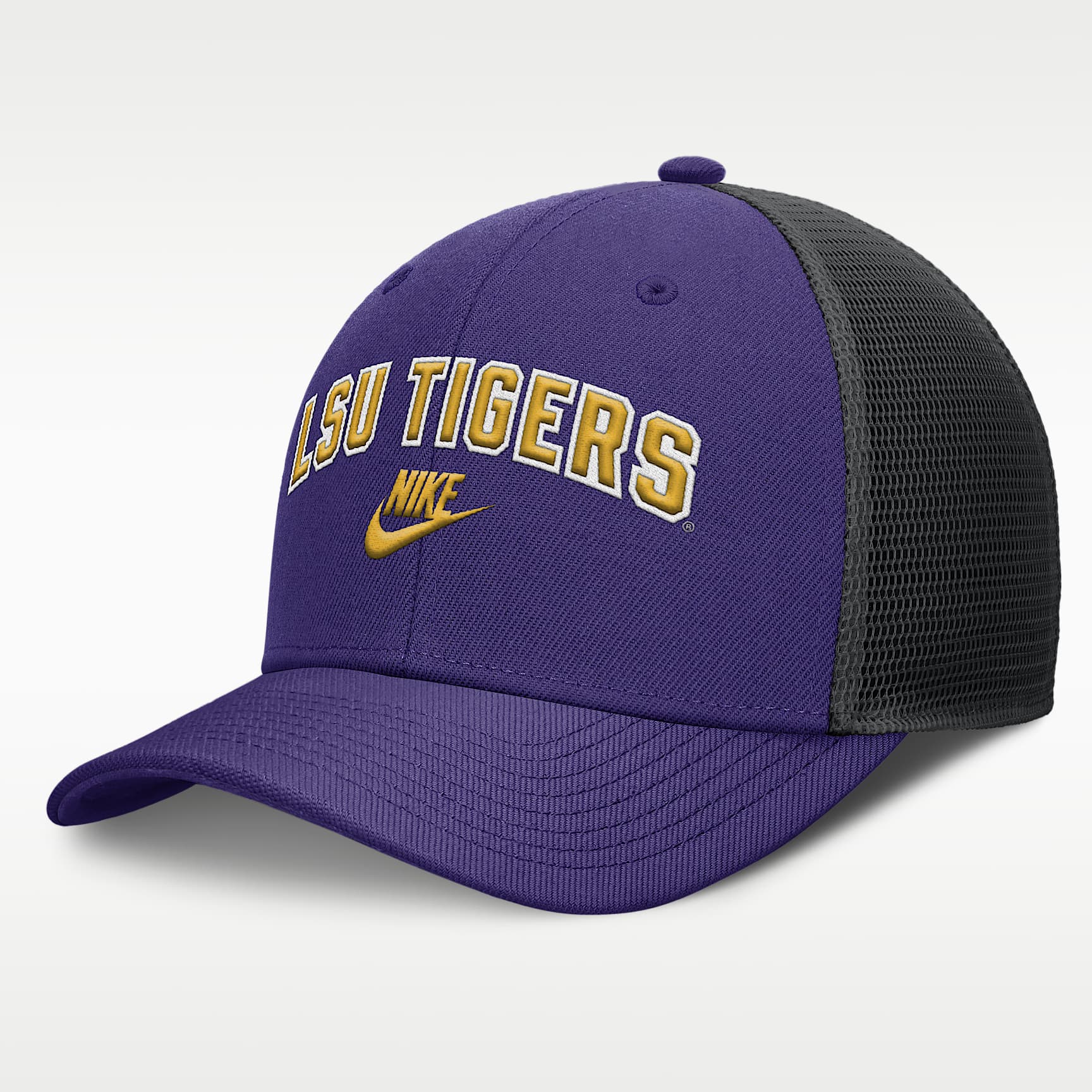LSU Legacy Arch Rise Men's Nike Dri-FIT College Trucker Adjustable Hat