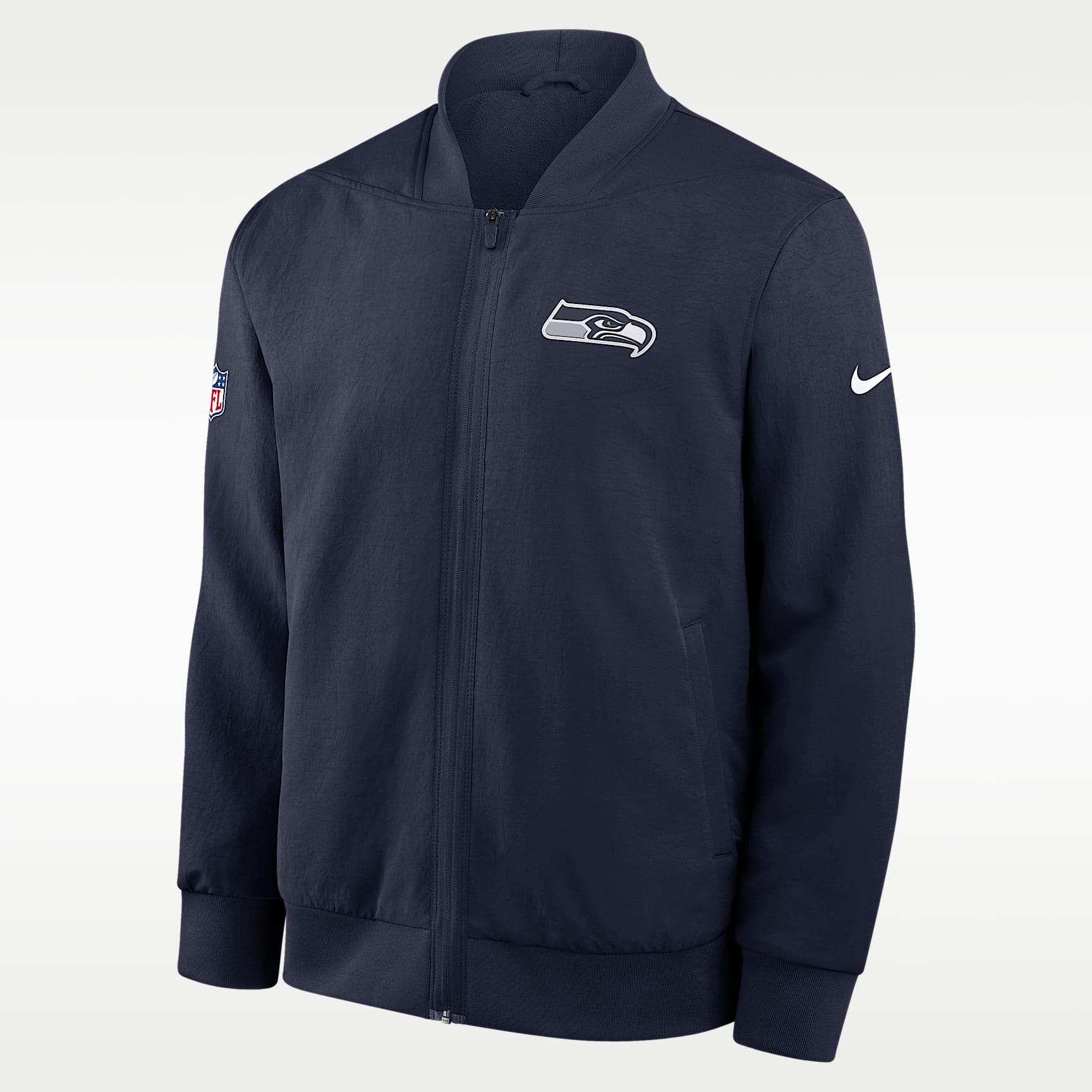 Chamarra bomber Nike de la NFL de cierre completo para hombre Seattle Seahawks Sideline